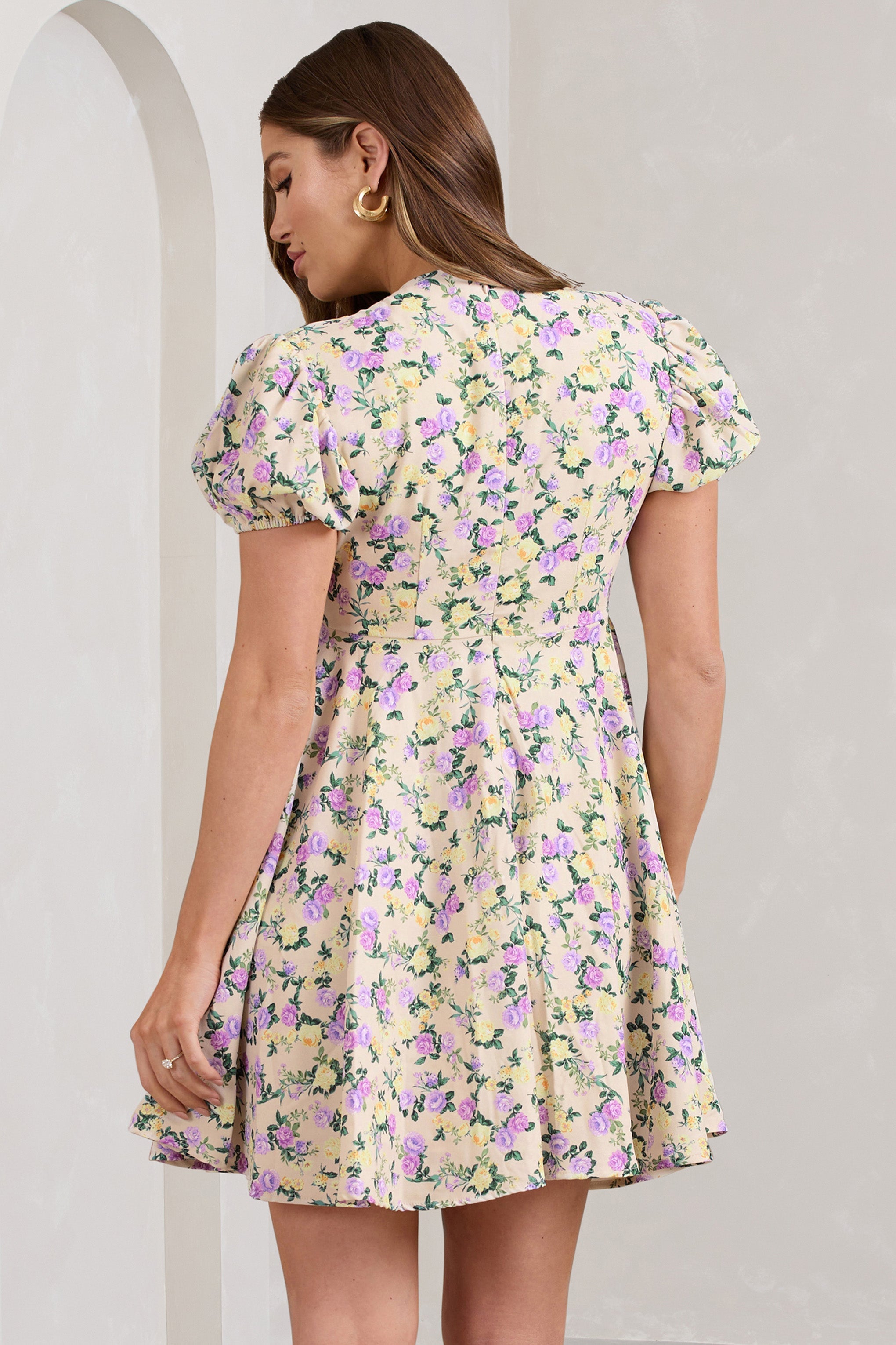 By The Cypress Yellow Floral Maternity V-Neck Puff-Sleeved Buttoned Mini Dress-Fashionmomo.All Rights Reserved