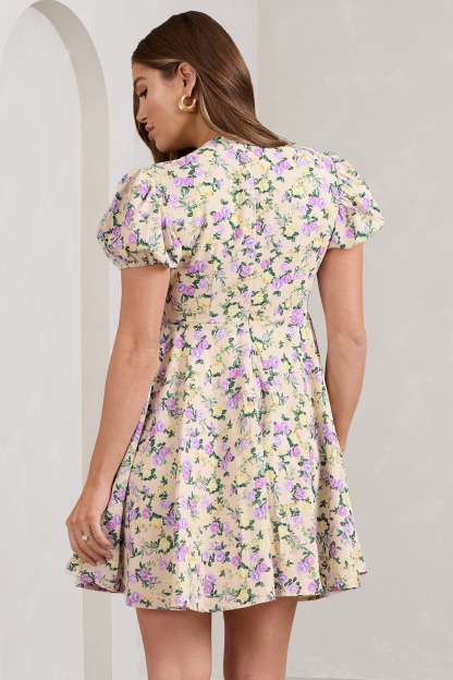 By The Cypress Yellow Floral Maternity V-Neck Puff-Sleeved Buttoned Mini Dress-Fashionmomo.All Rights Reserved