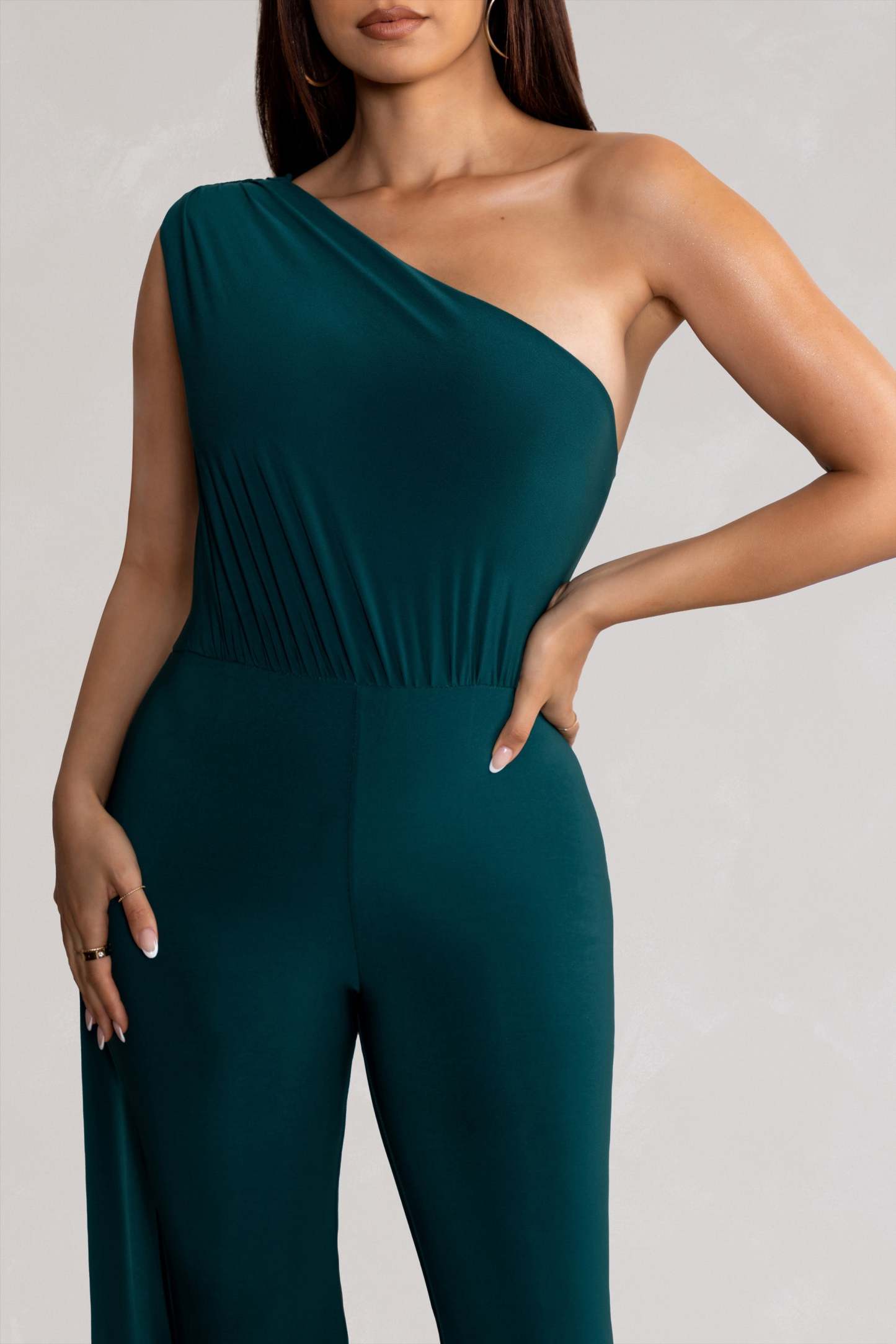 Aurora Deep Green One Shoulder Cape Sleeve Jumpsuit-Fashionmomo.All Rights Reserved