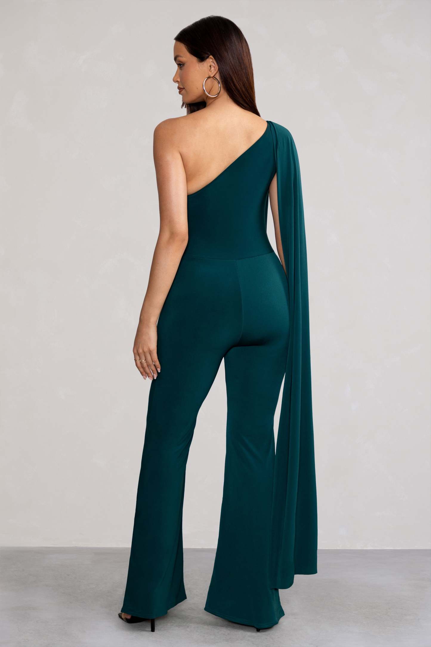 Aurora Deep Green One Shoulder Cape Sleeve Jumpsuit-Fashionmomo.All Rights Reserved