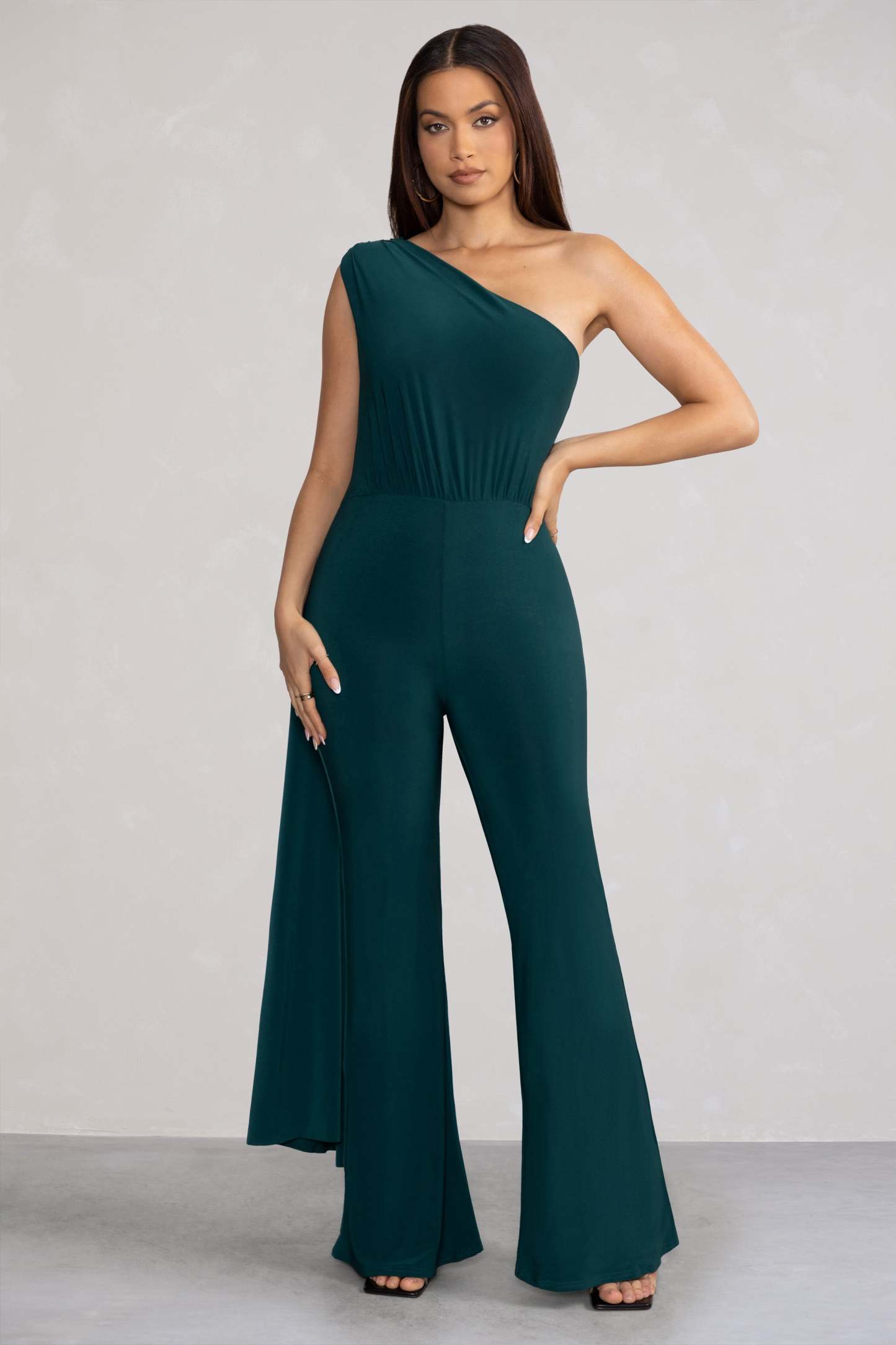 Aurora Deep Green One Shoulder Cape Sleeve Jumpsuit-Fashionmomo.All Rights Reserved