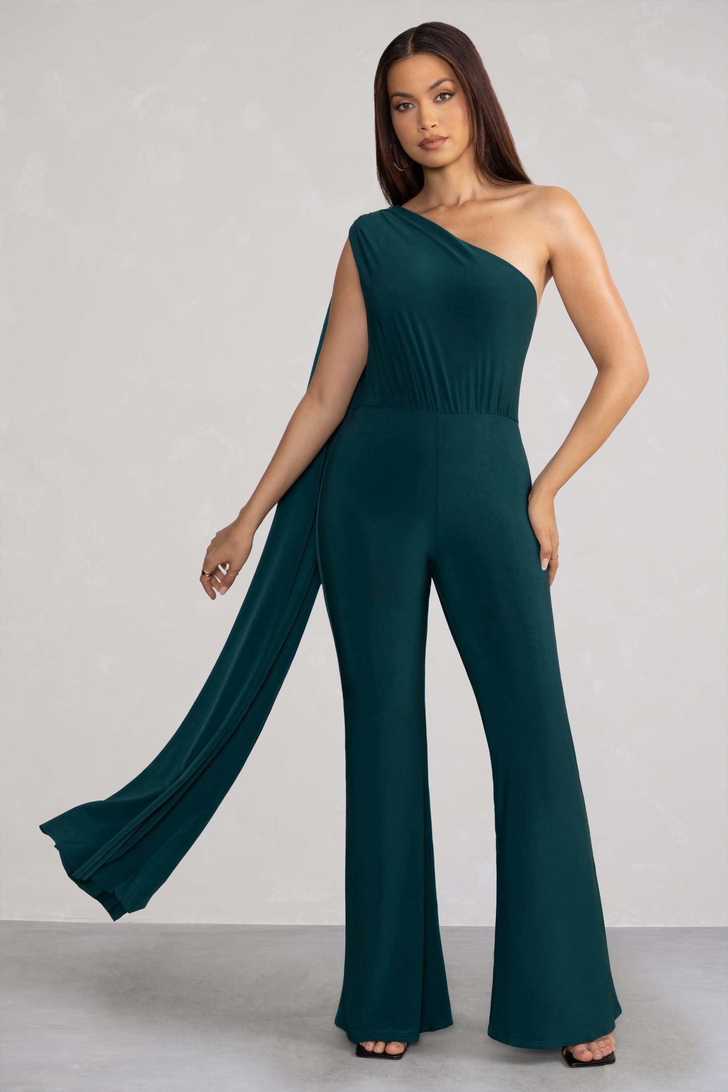 Aurora Deep Green One Shoulder Cape Sleeve Jumpsuit-Fashionmomo.All Rights Reserved