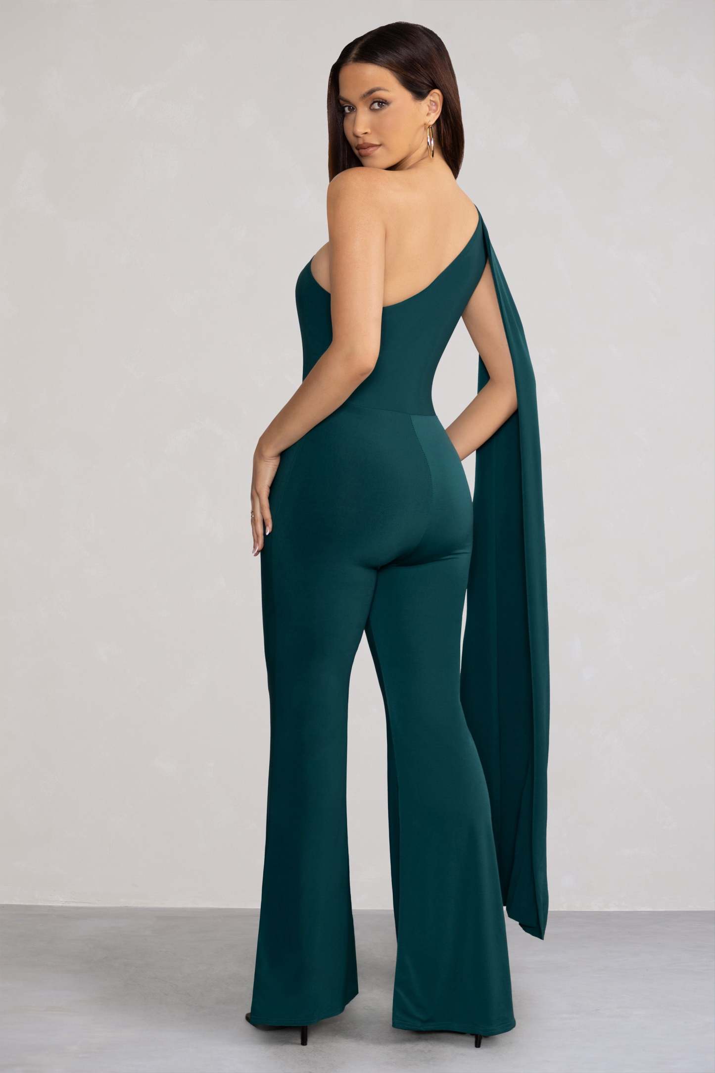 Aurora Deep Green One Shoulder Cape Sleeve Jumpsuit-Fashionmomo.All Rights Reserved