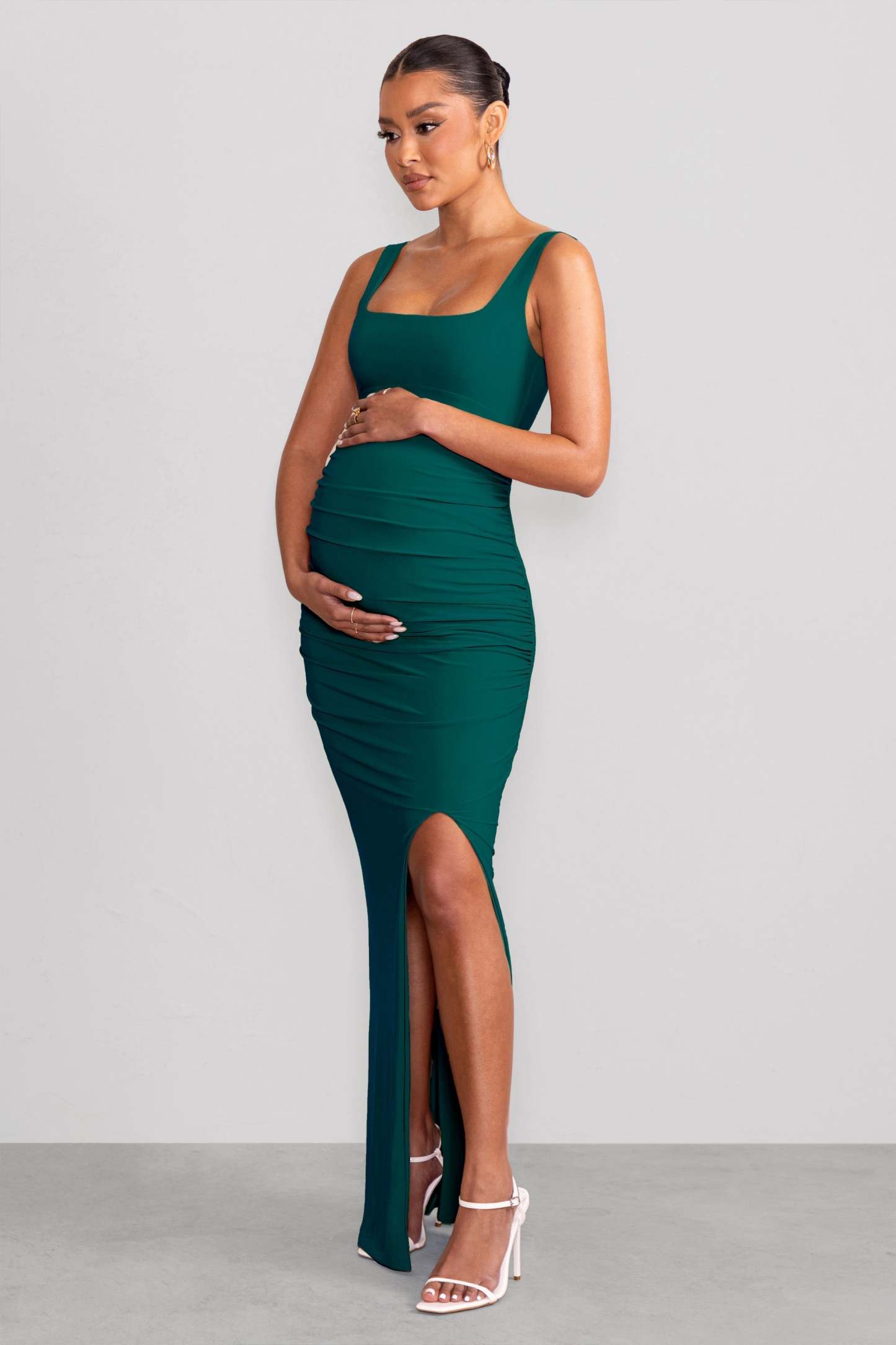 Avril Bottle Green Square Neck Maternity Maxi Dress with Split-Fashionmomo.All Rights Reserved