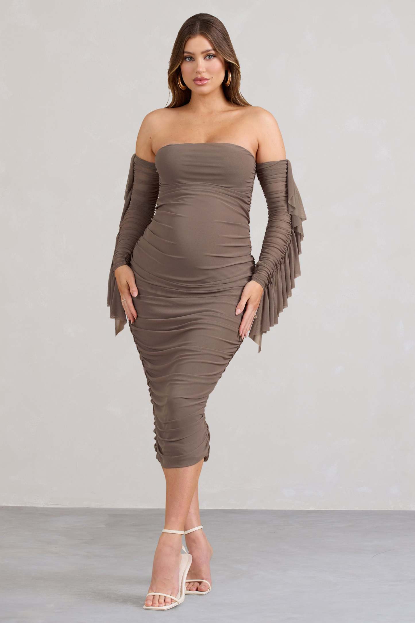 Aroma Brown Ruched Mesh Maternity Midi Dress With Ruffled Sleeves-Fashionmomo.All Rights Reserved