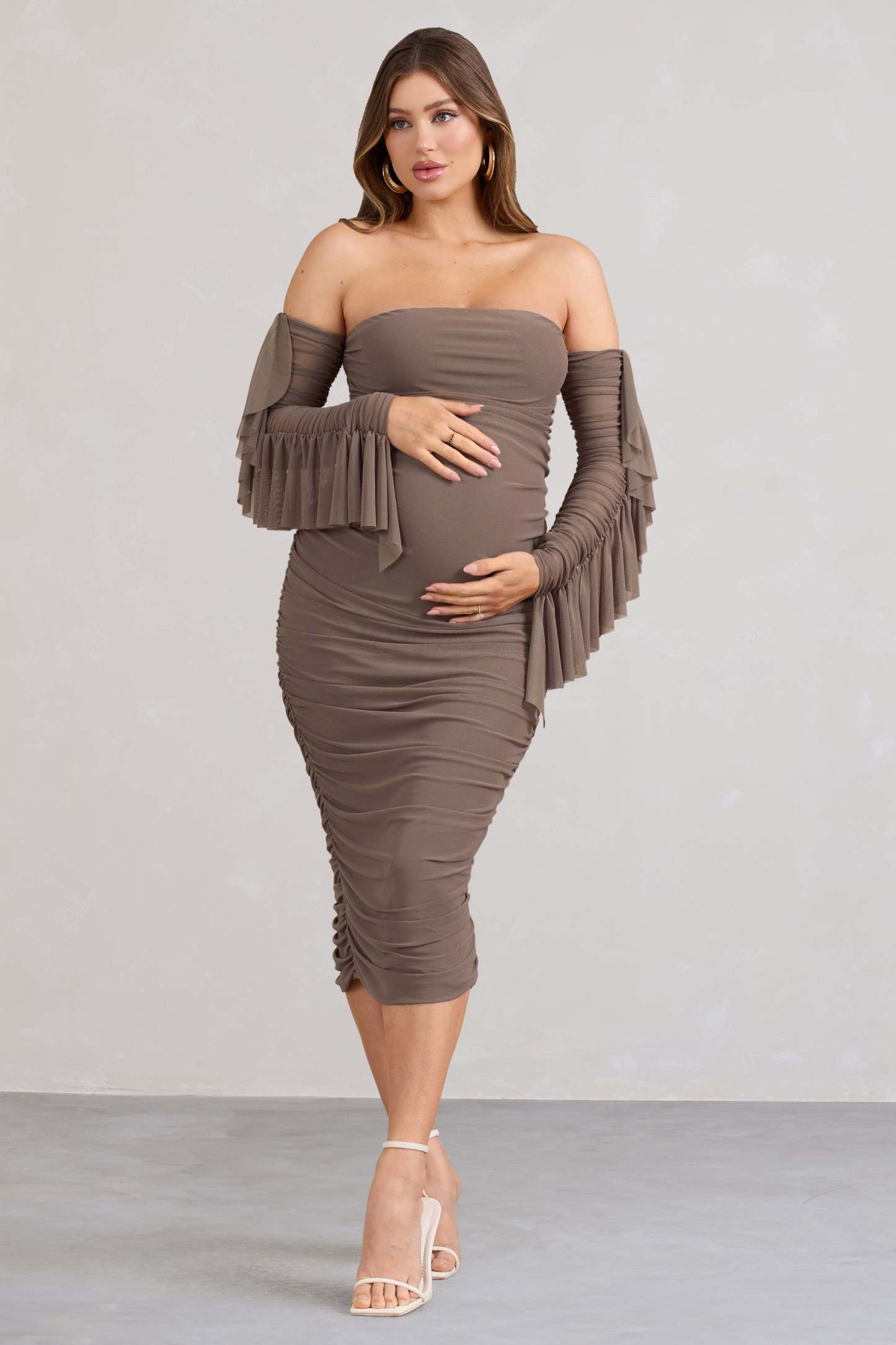 Aroma Brown Ruched Mesh Maternity Midi Dress With Ruffled Sleeves-Fashionmomo.All Rights Reserved