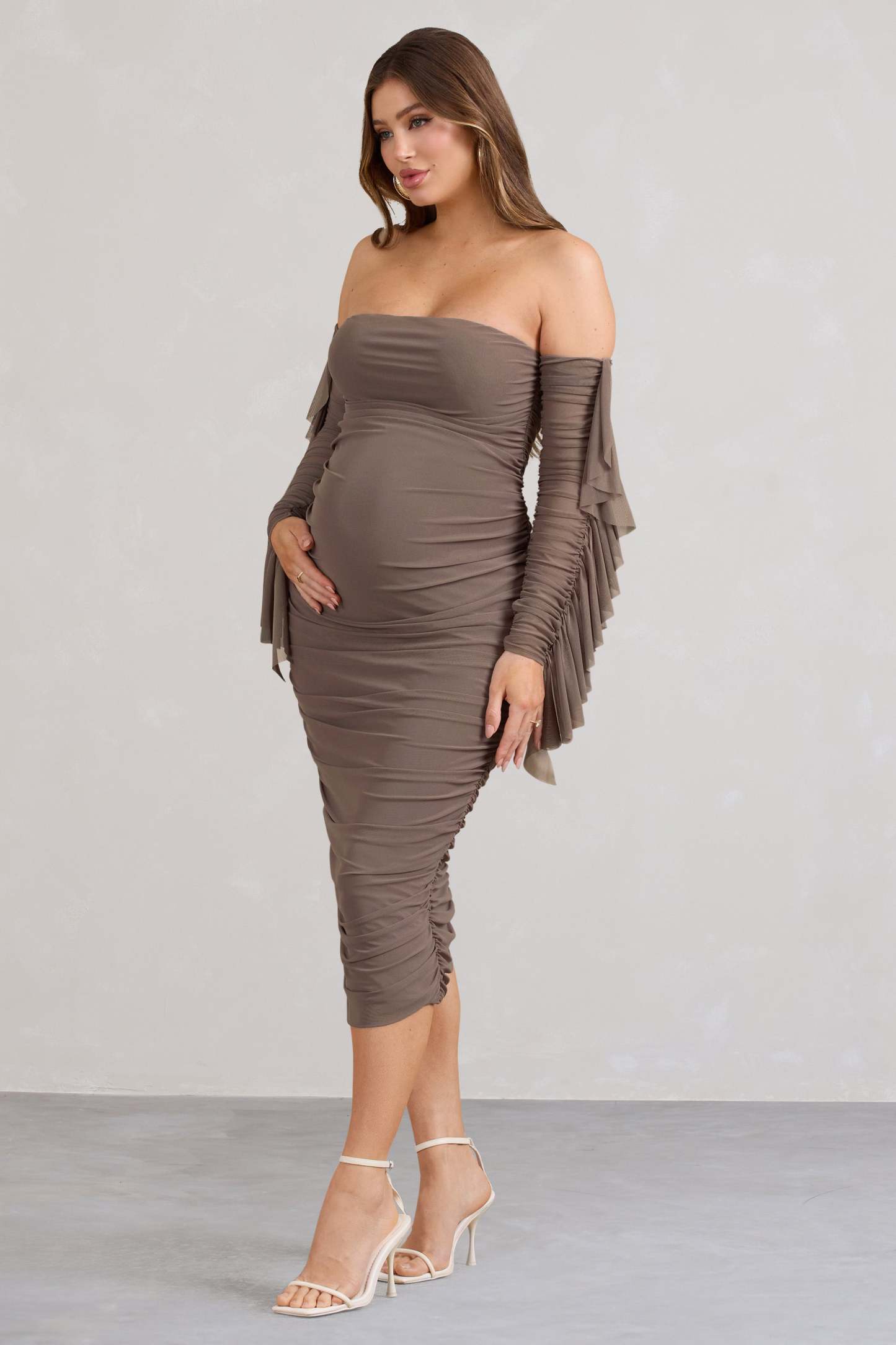 Aroma Brown Ruched Mesh Maternity Midi Dress With Ruffled Sleeves-Fashionmomo.All Rights Reserved