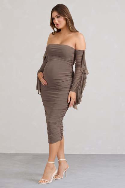 Aroma Brown Ruched Mesh Maternity Midi Dress With Ruffled Sleeves-Fashionmomo.All Rights Reserved