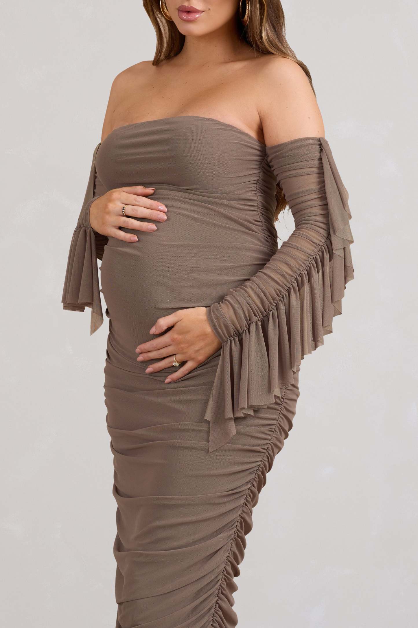 Aroma Brown Ruched Mesh Maternity Midi Dress With Ruffled Sleeves-Fashionmomo.All Rights Reserved