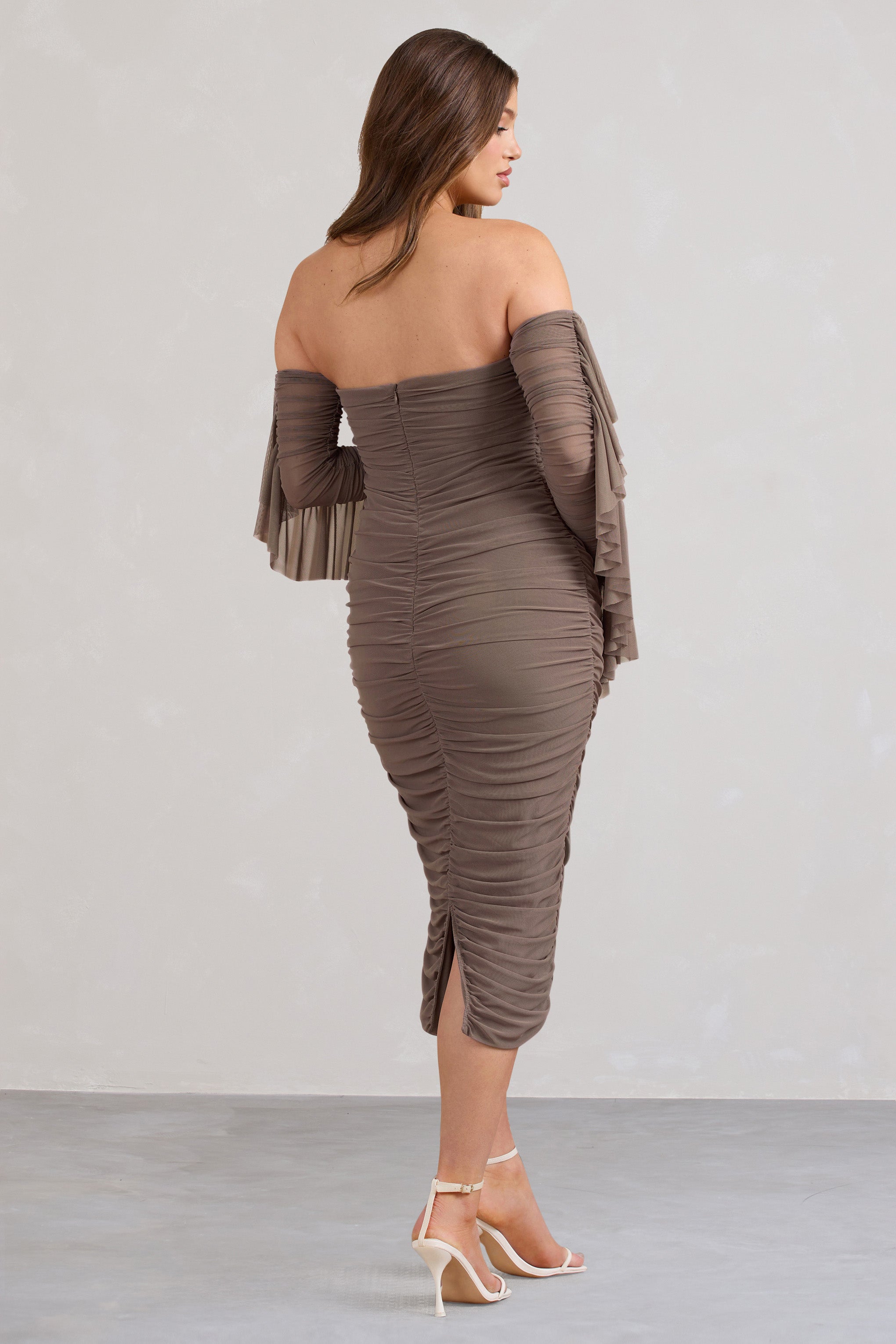 Aroma Brown Ruched Mesh Maternity Midi Dress With Ruffled Sleeves-Fashionmomo.All Rights Reserved