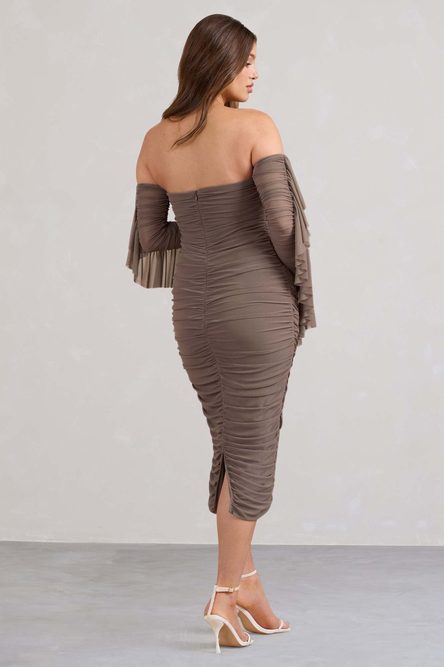 Aroma Brown Ruched Mesh Maternity Midi Dress With Ruffled Sleeves-Fashionmomo.All Rights Reserved