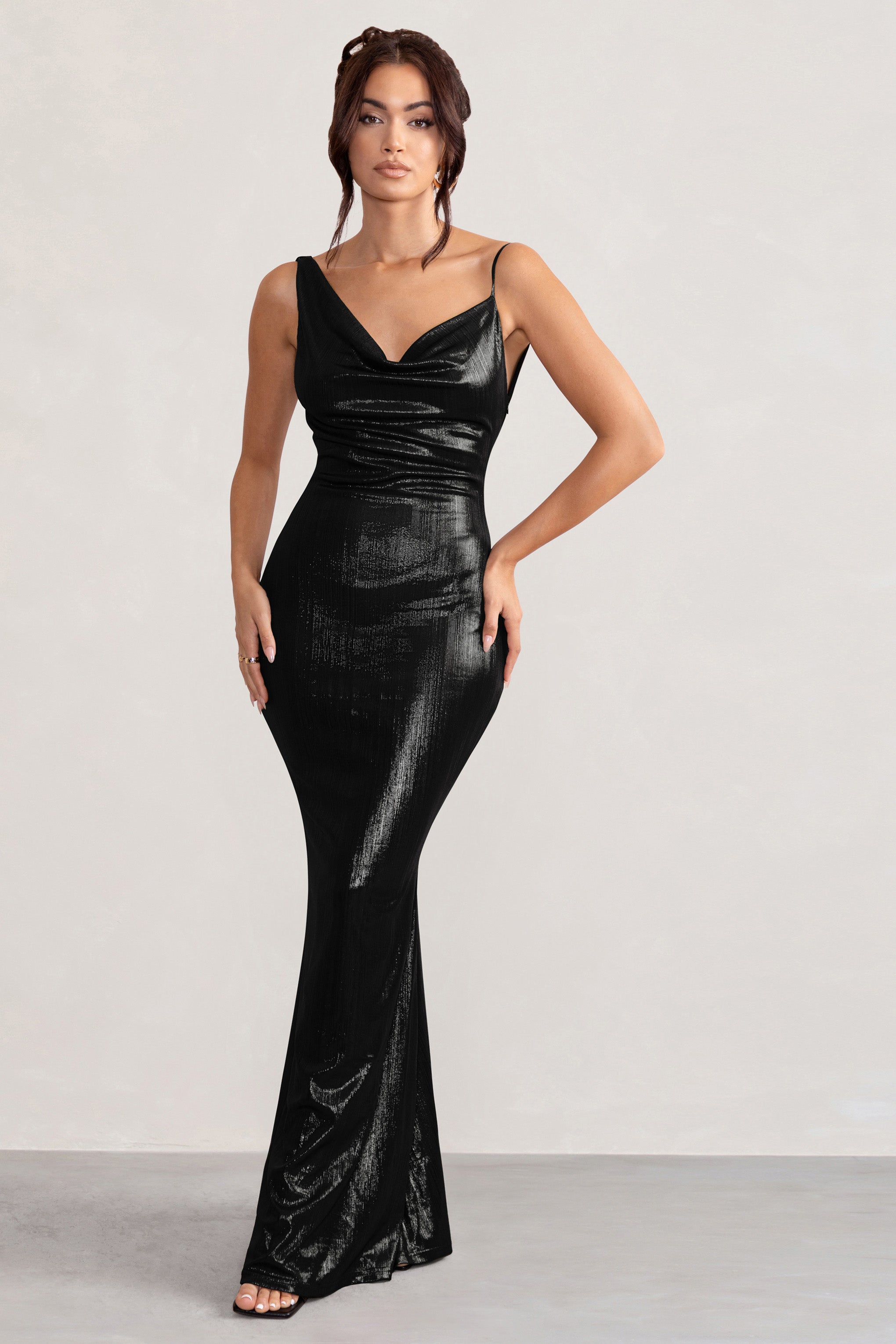 Galaxy Shimmer Black Bias Cut Cowl Front Maxi Dress-Fashionmomo.All Rights Reserved
