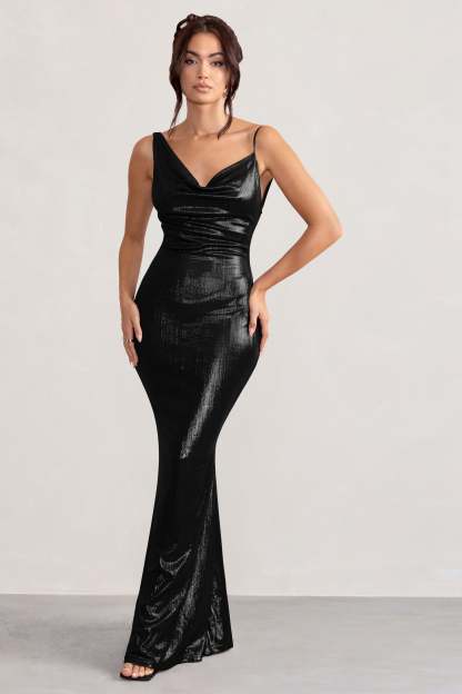 Galaxy Shimmer Black Bias Cut Cowl Front Maxi Dress-Fashionmomo.All Rights Reserved