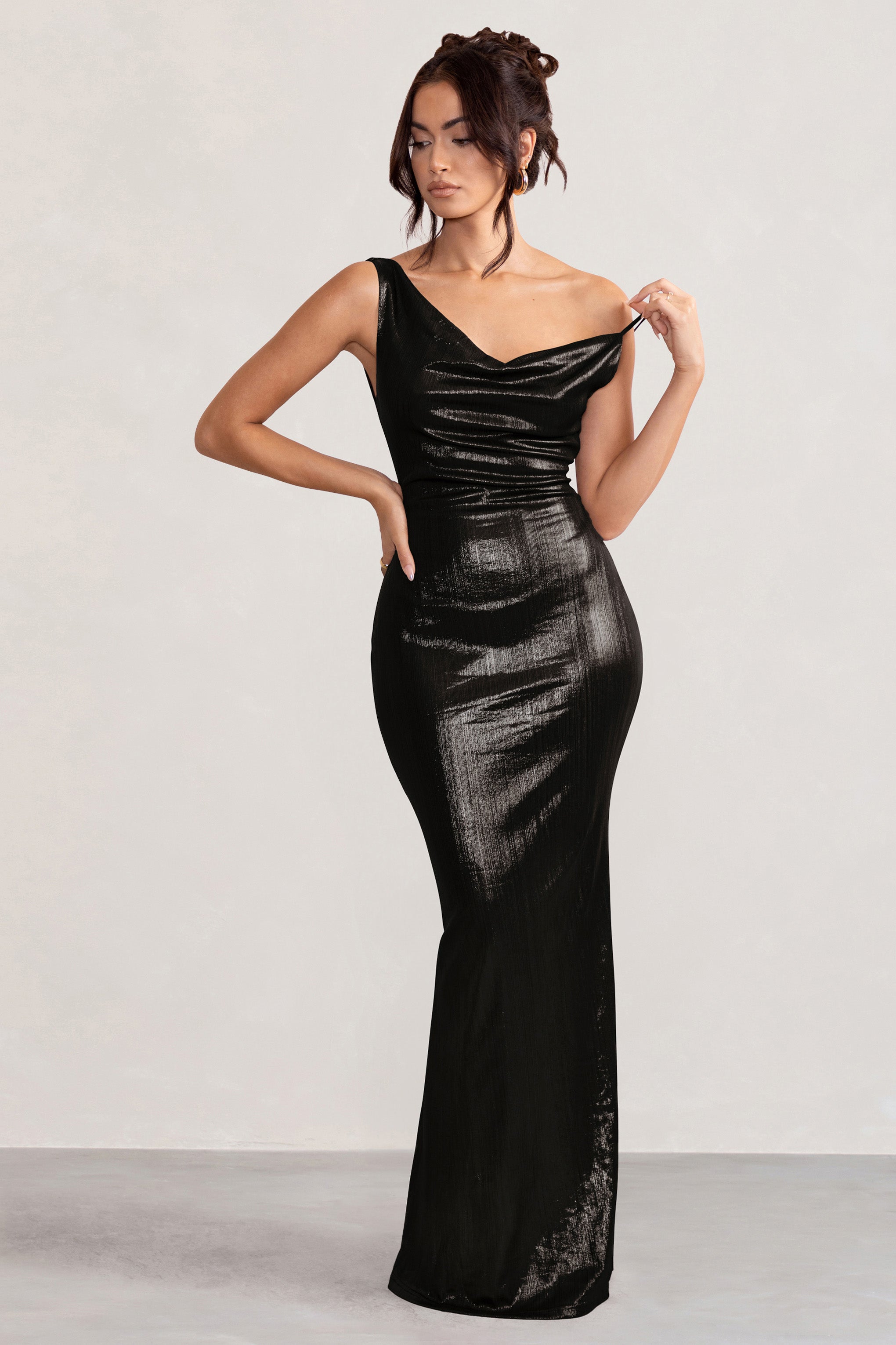 Galaxy Shimmer Black Bias Cut Cowl Front Maxi Dress-Fashionmomo.All Rights Reserved