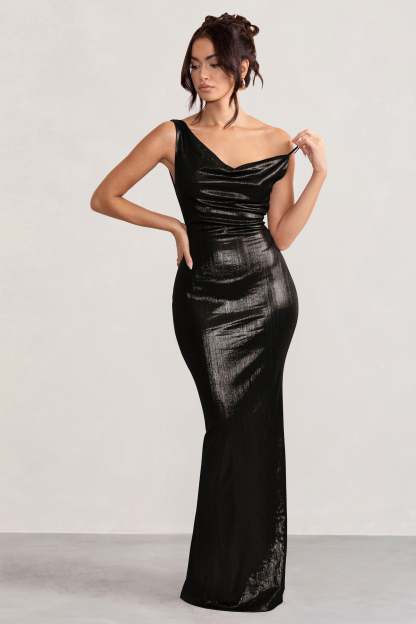 Galaxy Shimmer Black Bias Cut Cowl Front Maxi Dress-Fashionmomo.All Rights Reserved