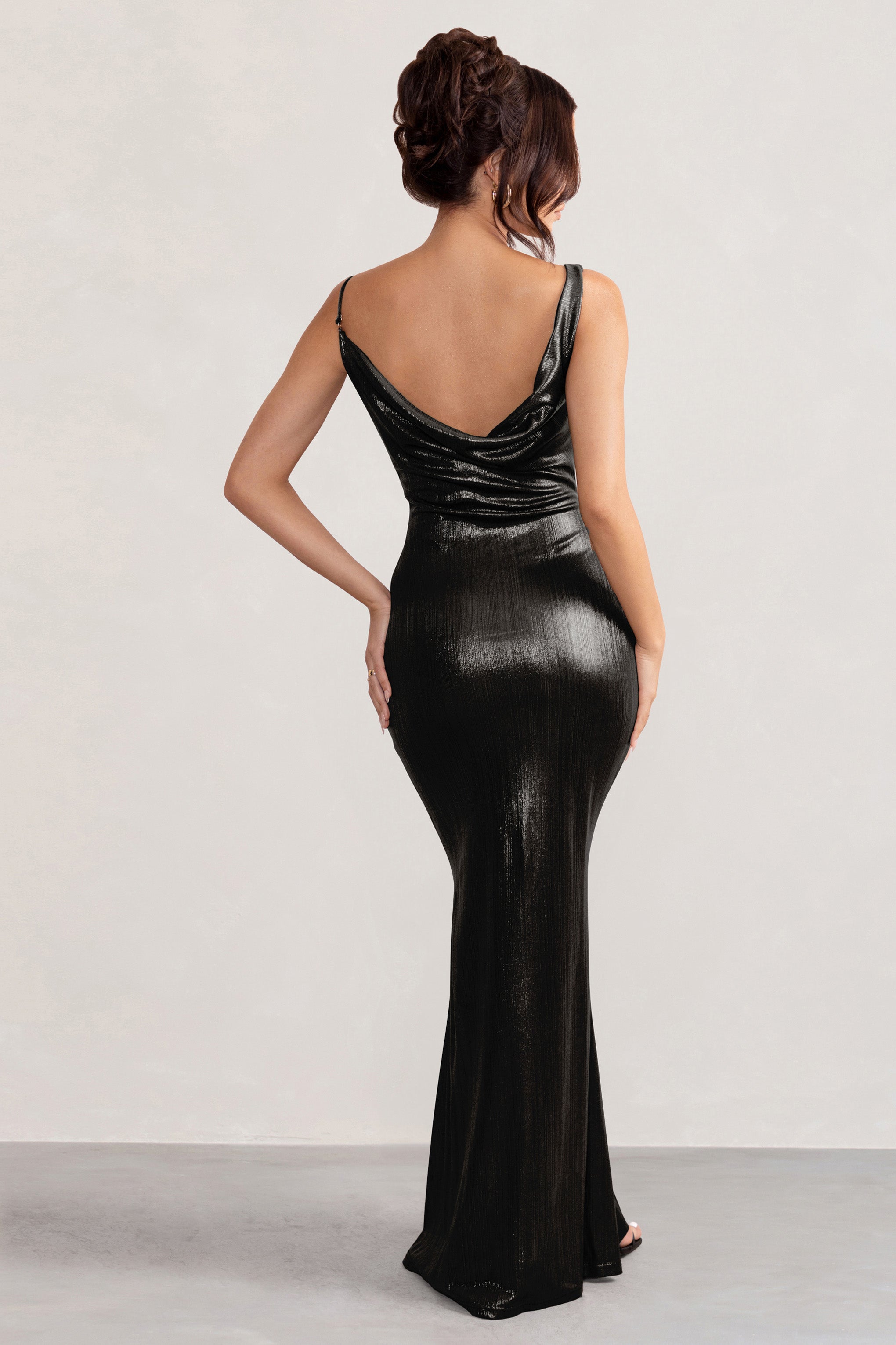 Galaxy Shimmer Black Bias Cut Cowl Front Maxi Dress-Fashionmomo.All Rights Reserved