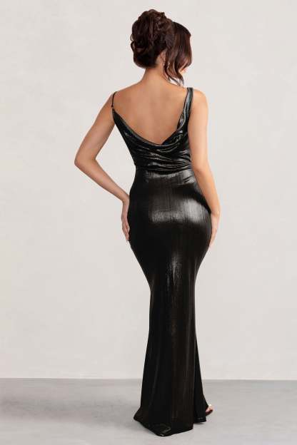 Galaxy Shimmer Black Bias Cut Cowl Front Maxi Dress-Fashionmomo.All Rights Reserved