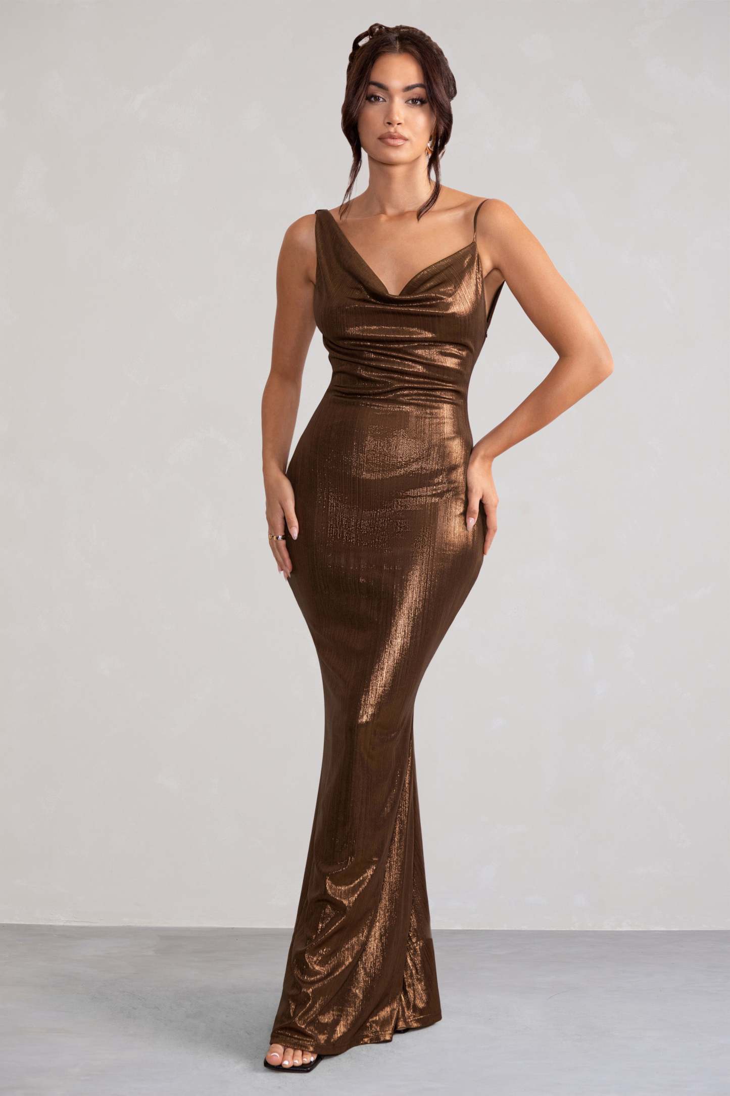 Galaxy Shimmer Bronze Bias Cut Cowl Front Maxi Dress-Fashionmomo.All Rights Reserved