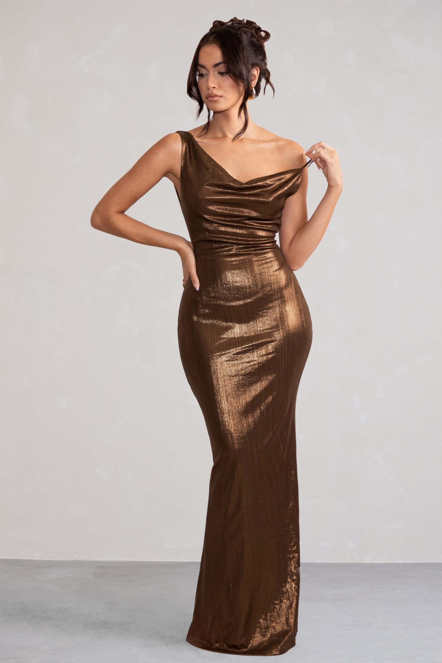 Galaxy Shimmer Bronze Bias Cut Cowl Front Maxi Dress-Fashionmomo.All Rights Reserved