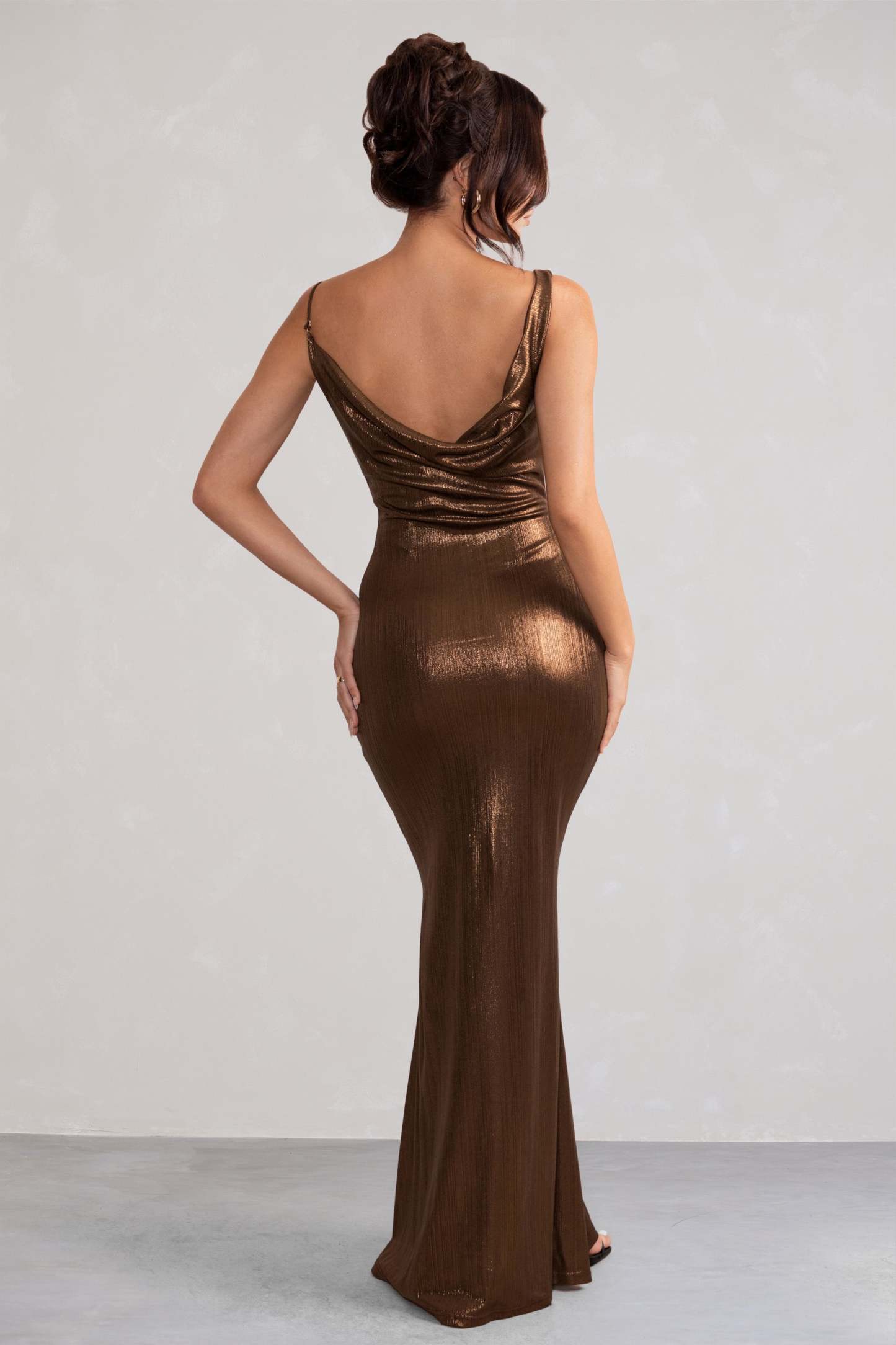 Galaxy Shimmer Bronze Bias Cut Cowl Front Maxi Dress-Fashionmomo.All Rights Reserved