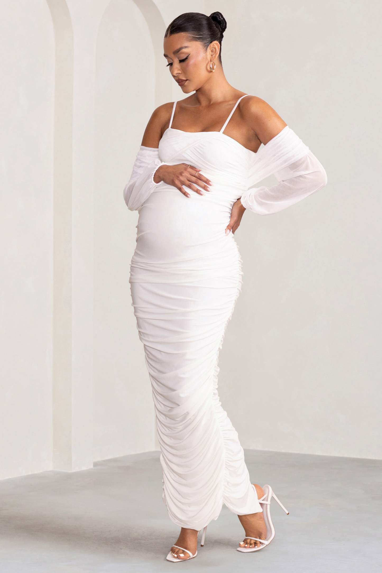 Announcement White Maternity Ruched Mesh Maxi Dress-Fashionmomo.All Rights Reserved