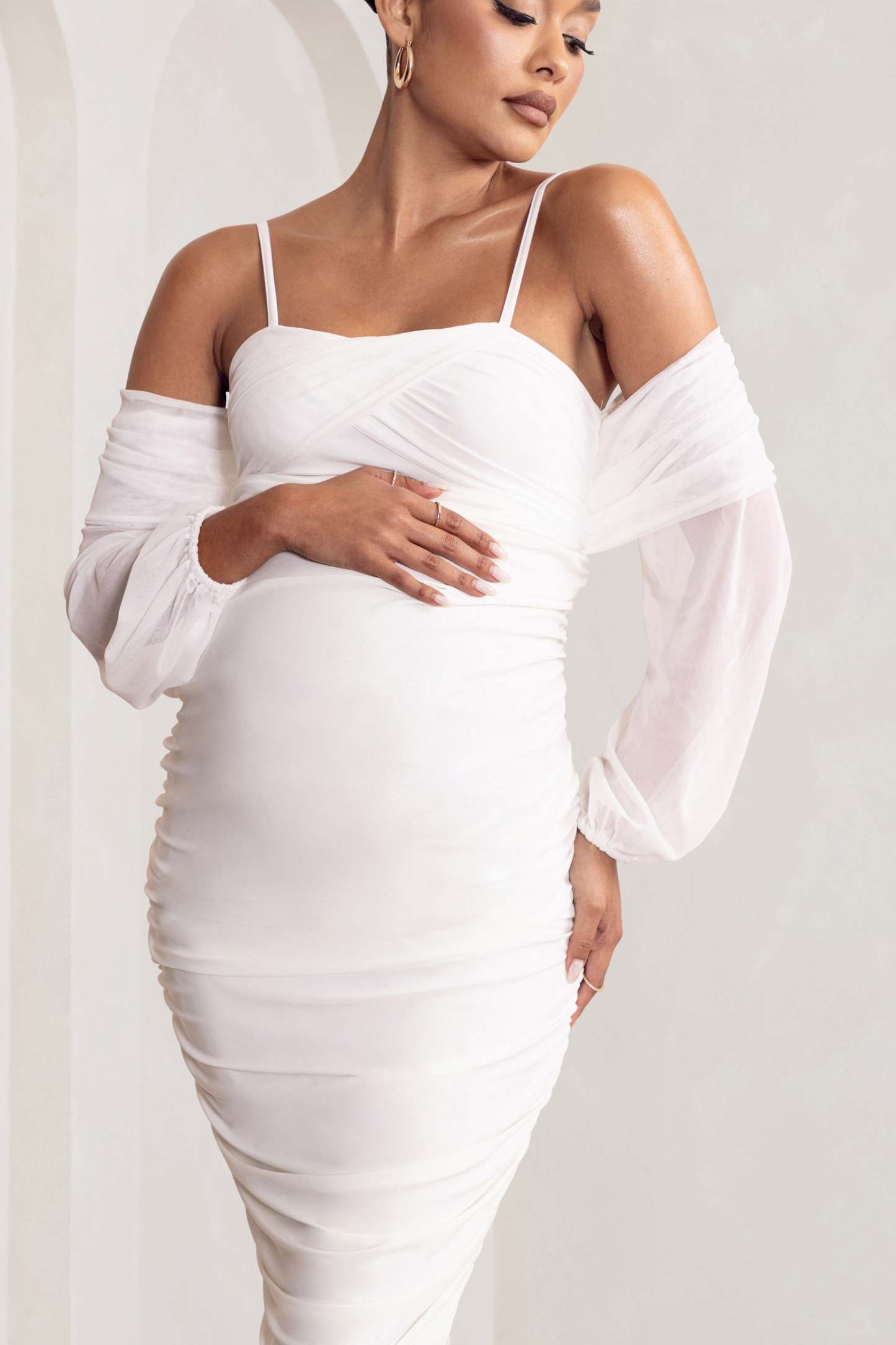 Announcement White Maternity Ruched Mesh Maxi Dress-Fashionmomo.All Rights Reserved