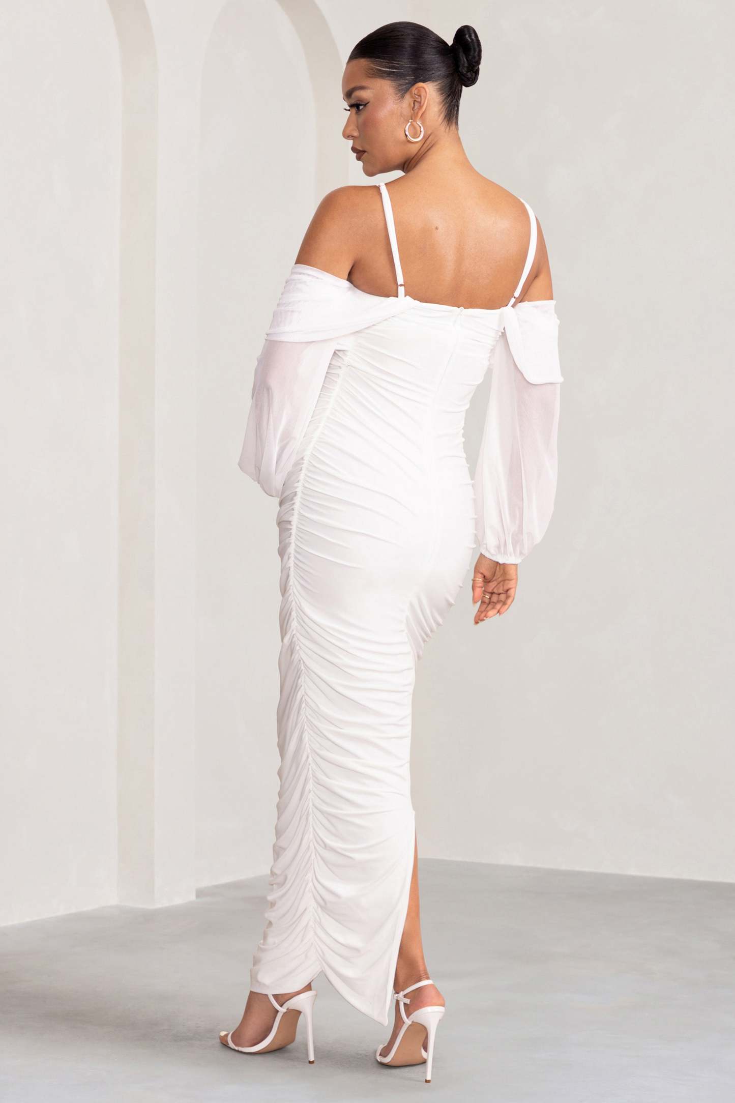 Announcement White Maternity Ruched Mesh Maxi Dress-Fashionmomo.All Rights Reserved