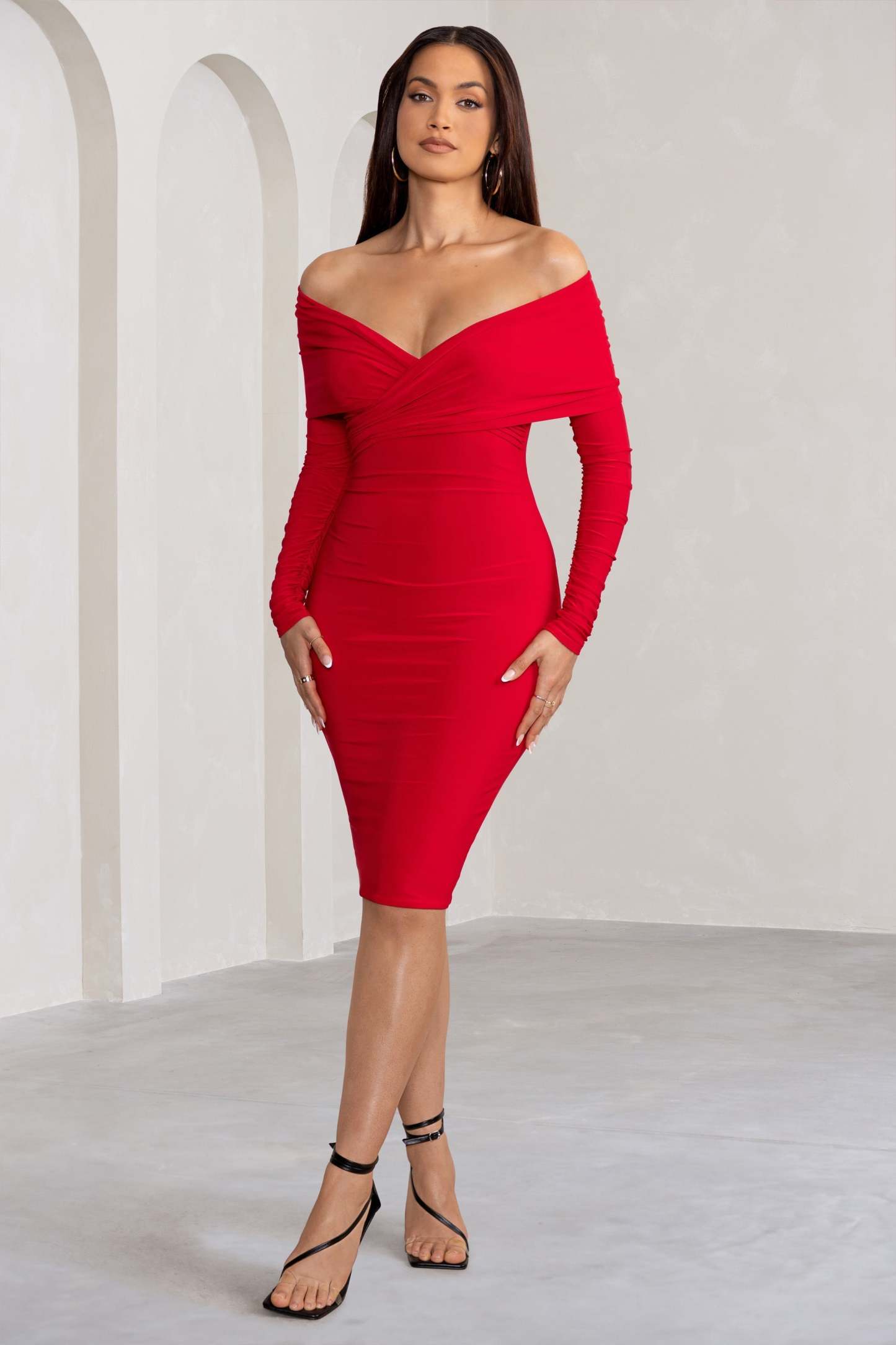 Flatter Me Red Twist Front Bardot Midi Dress-Fashionmomo.All Rights Reserved