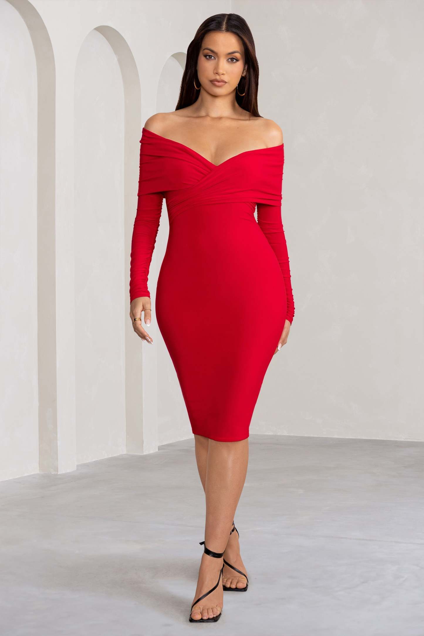 Flatter Me Red Twist Front Bardot Midi Dress-Fashionmomo.All Rights Reserved