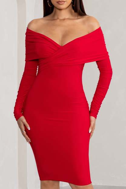 Flatter Me Red Twist Front Bardot Midi Dress-Fashionmomo.All Rights Reserved