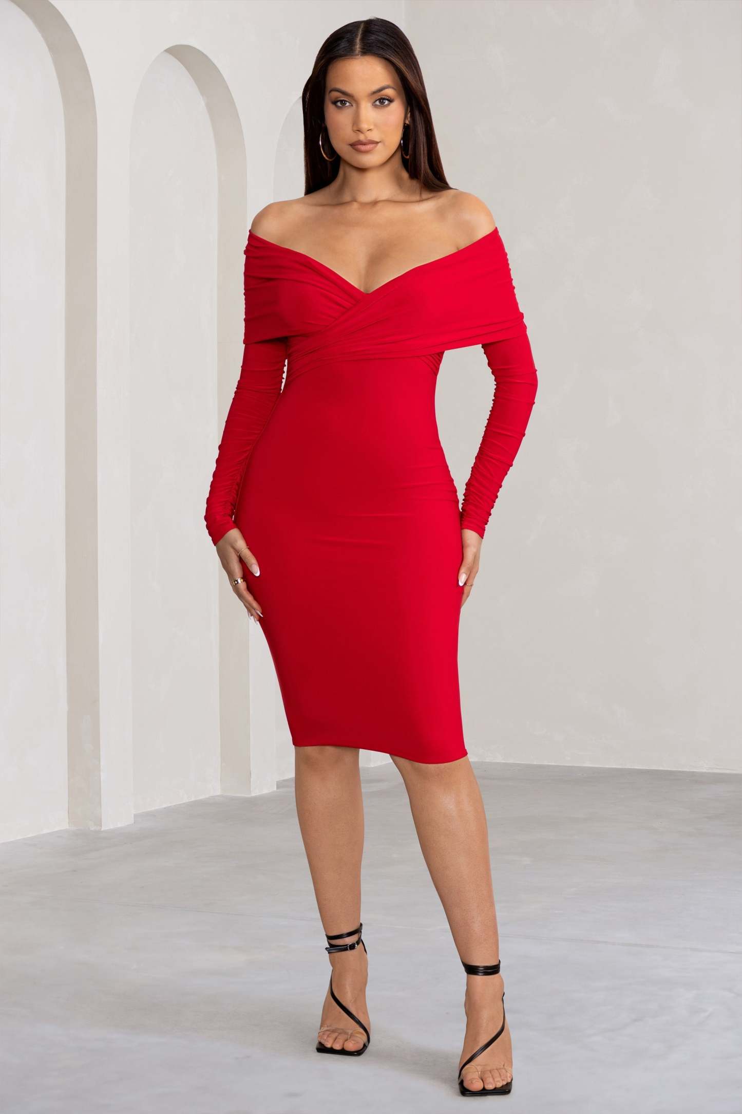 Flatter Me Red Twist Front Bardot Midi Dress-Fashionmomo.All Rights Reserved