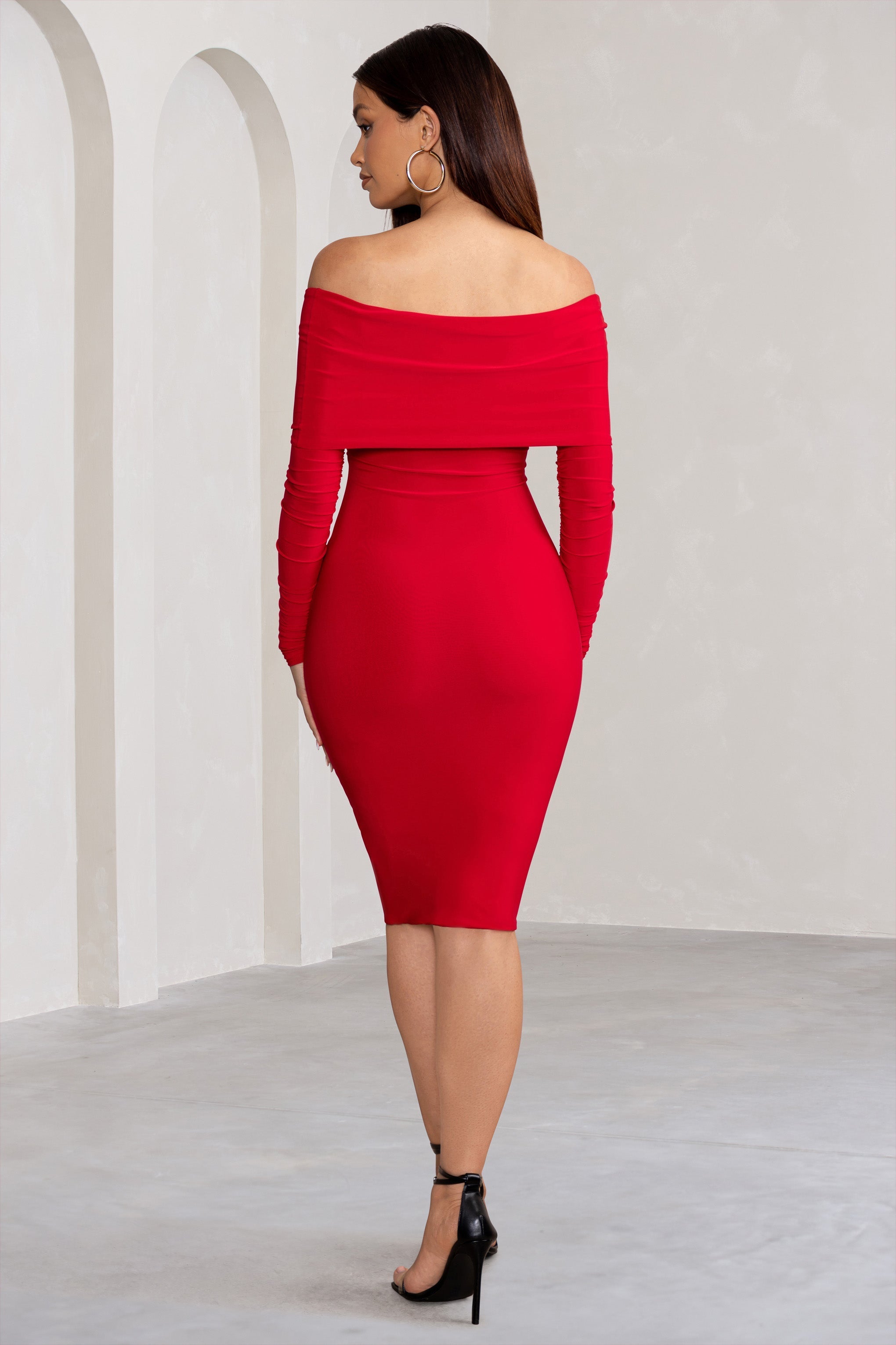 Flatter Me Red Twist Front Bardot Midi Dress-Fashionmomo.All Rights Reserved