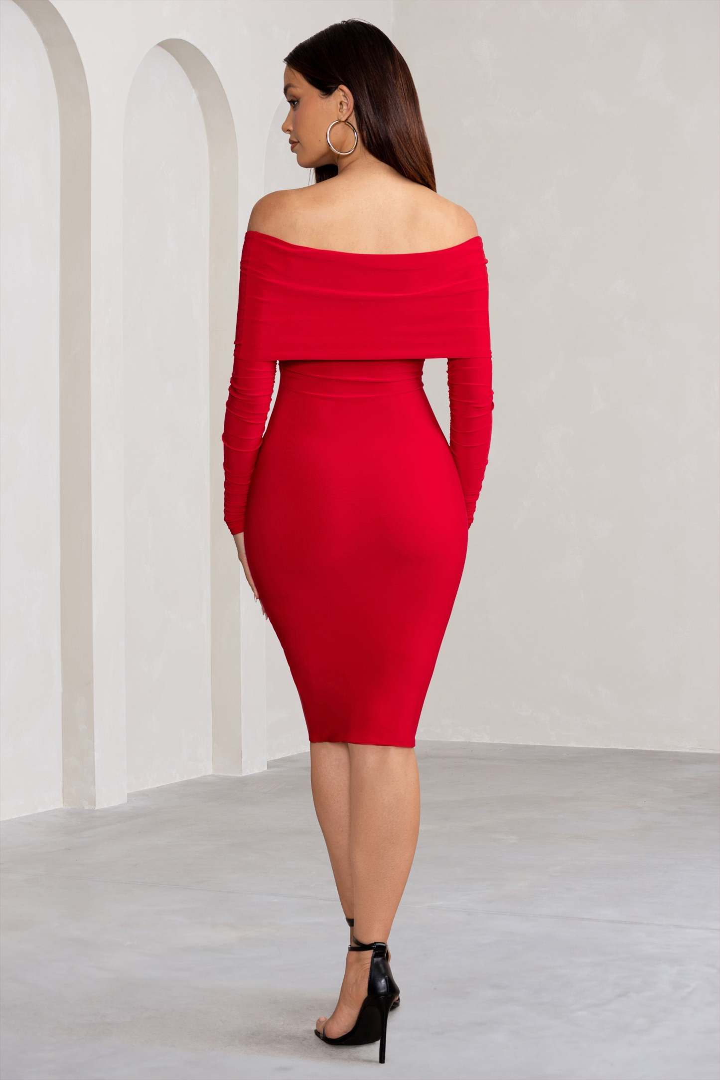 Flatter Me Red Twist Front Bardot Midi Dress-Fashionmomo.All Rights Reserved