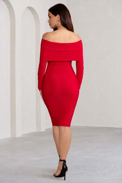 Flatter Me Red Twist Front Bardot Midi Dress-Fashionmomo.All Rights Reserved