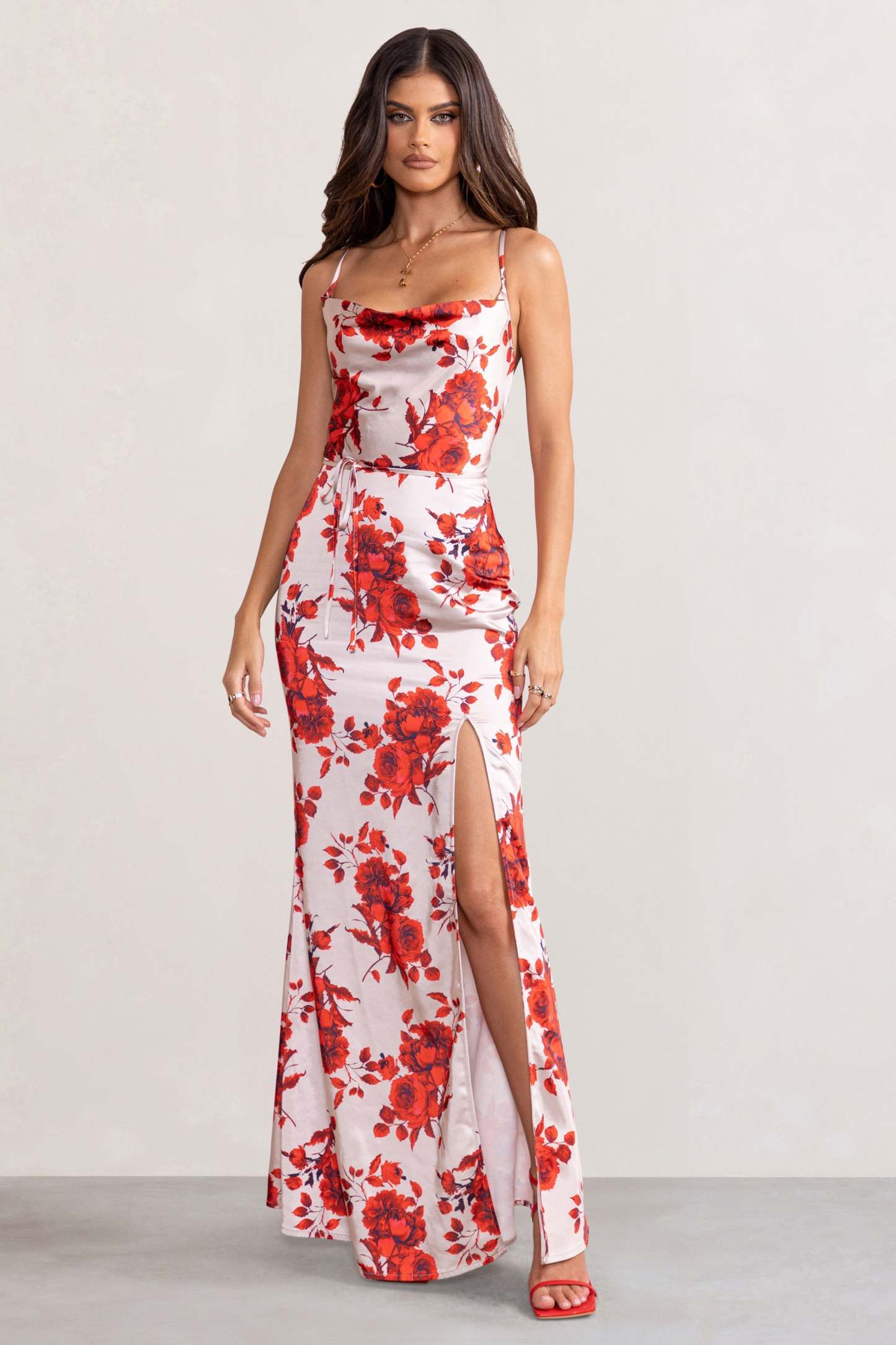 Fairy Tale Champagne Floral Print Cowl Neck Satin Maxi Dress with Waist Tie-Fashionmomo.All Rights Reserved