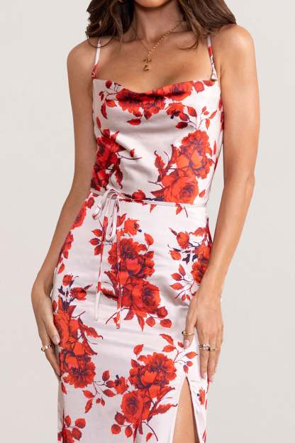 Fairy Tale Champagne Floral Print Cowl Neck Satin Maxi Dress with Waist Tie-Fashionmomo.All Rights Reserved