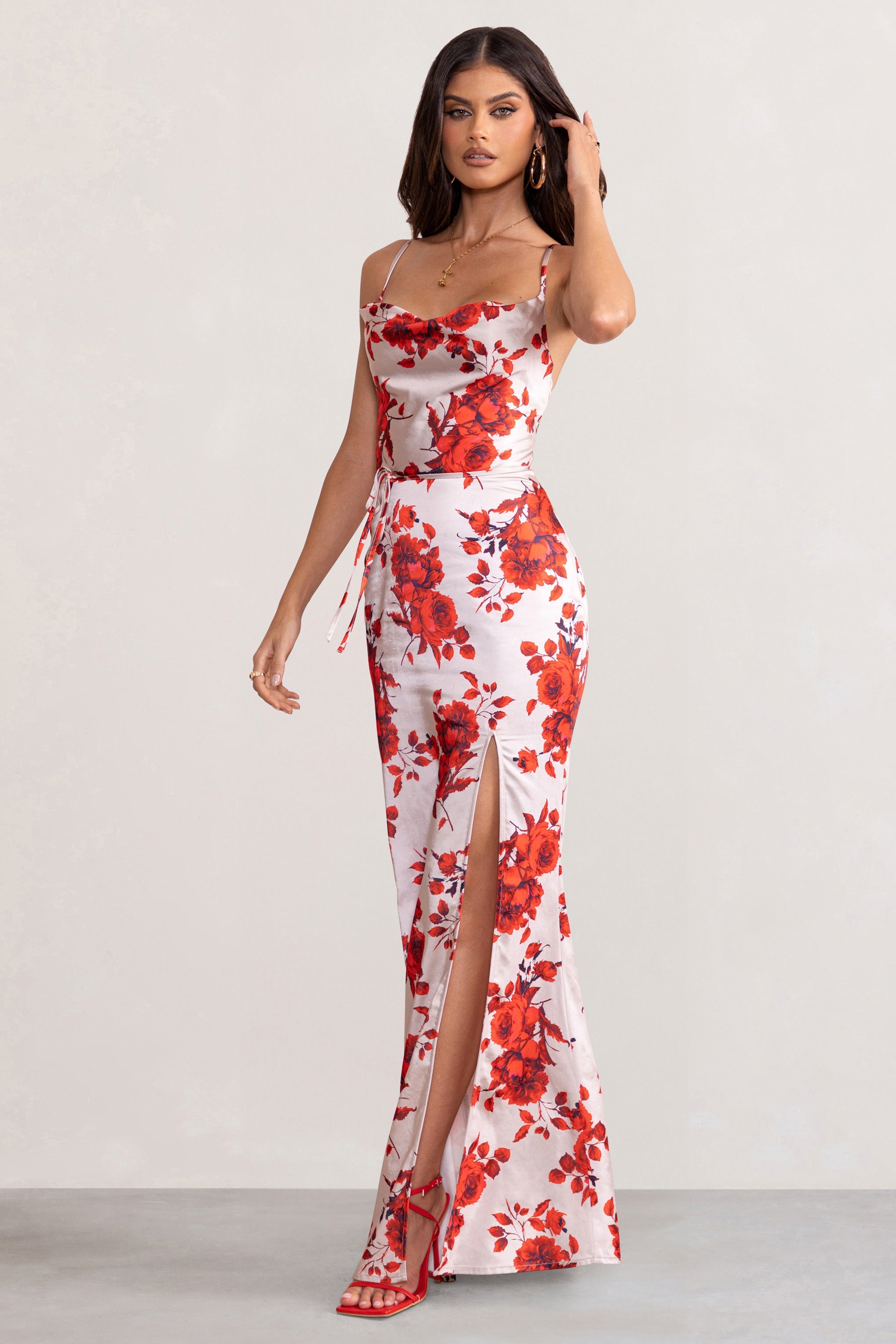 Fairy Tale Champagne Floral Print Cowl Neck Satin Maxi Dress with Waist Tie-Fashionmomo.All Rights Reserved