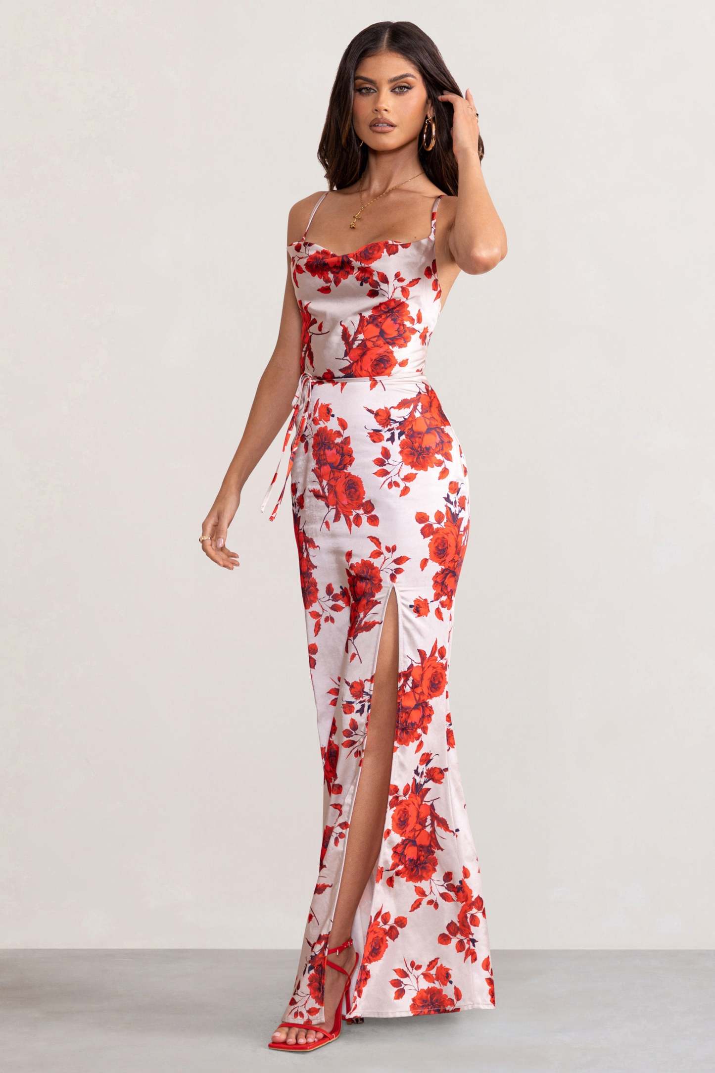Fairy Tale Champagne Floral Print Cowl Neck Satin Maxi Dress with Waist Tie-Fashionmomo.All Rights Reserved