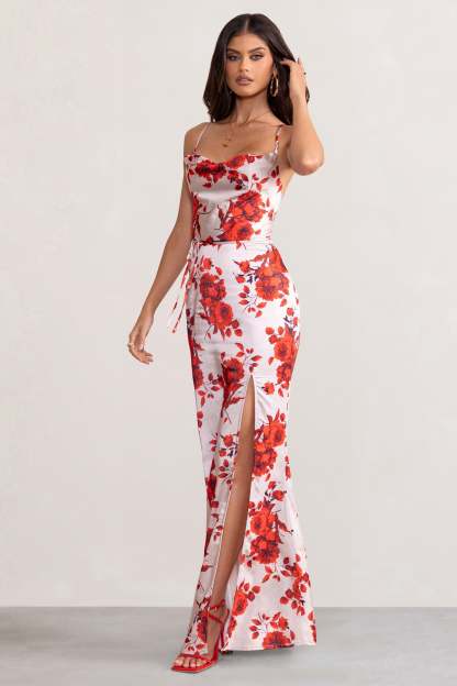 Fairy Tale Champagne Floral Print Cowl Neck Satin Maxi Dress with Waist Tie-Fashionmomo.All Rights Reserved