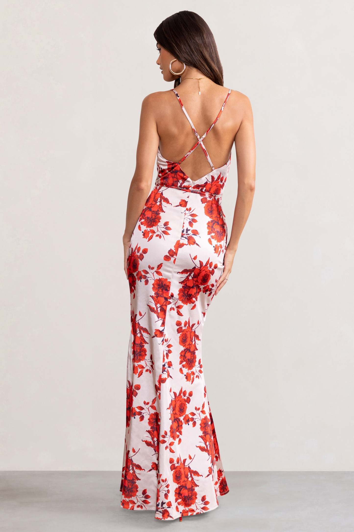 Fairy Tale Champagne Floral Print Cowl Neck Satin Maxi Dress with Waist Tie-Fashionmomo.All Rights Reserved