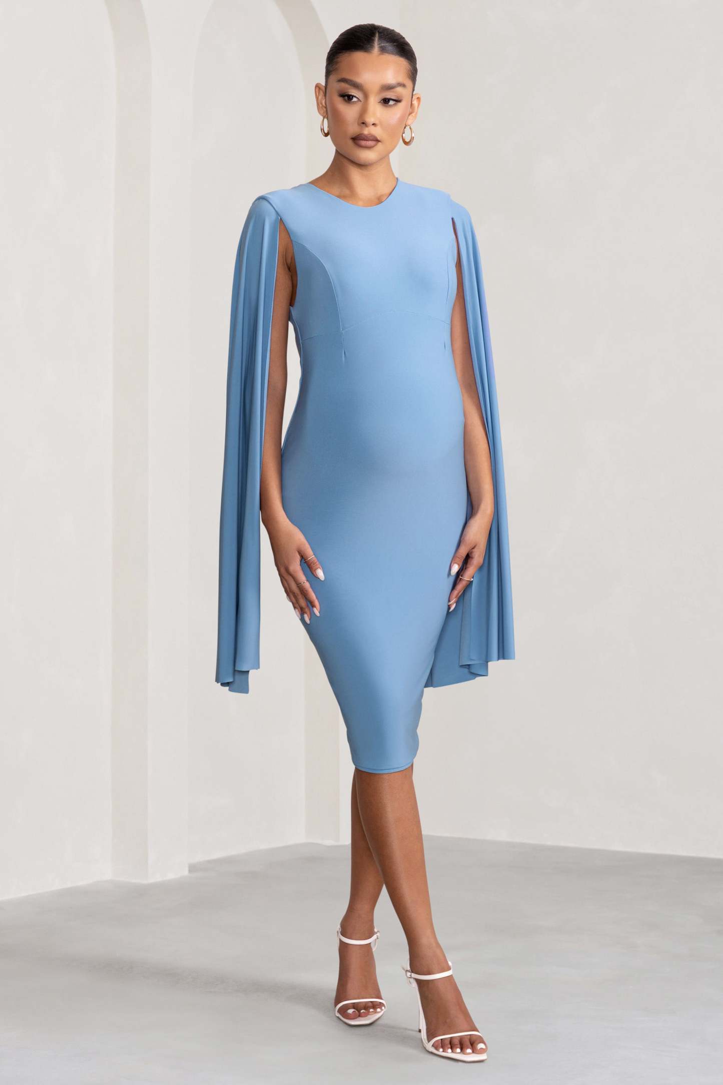 Hey Mama Powder Blue Maternity Cape Sleeve Midi Dress-Fashionmomo.All Rights Reserved