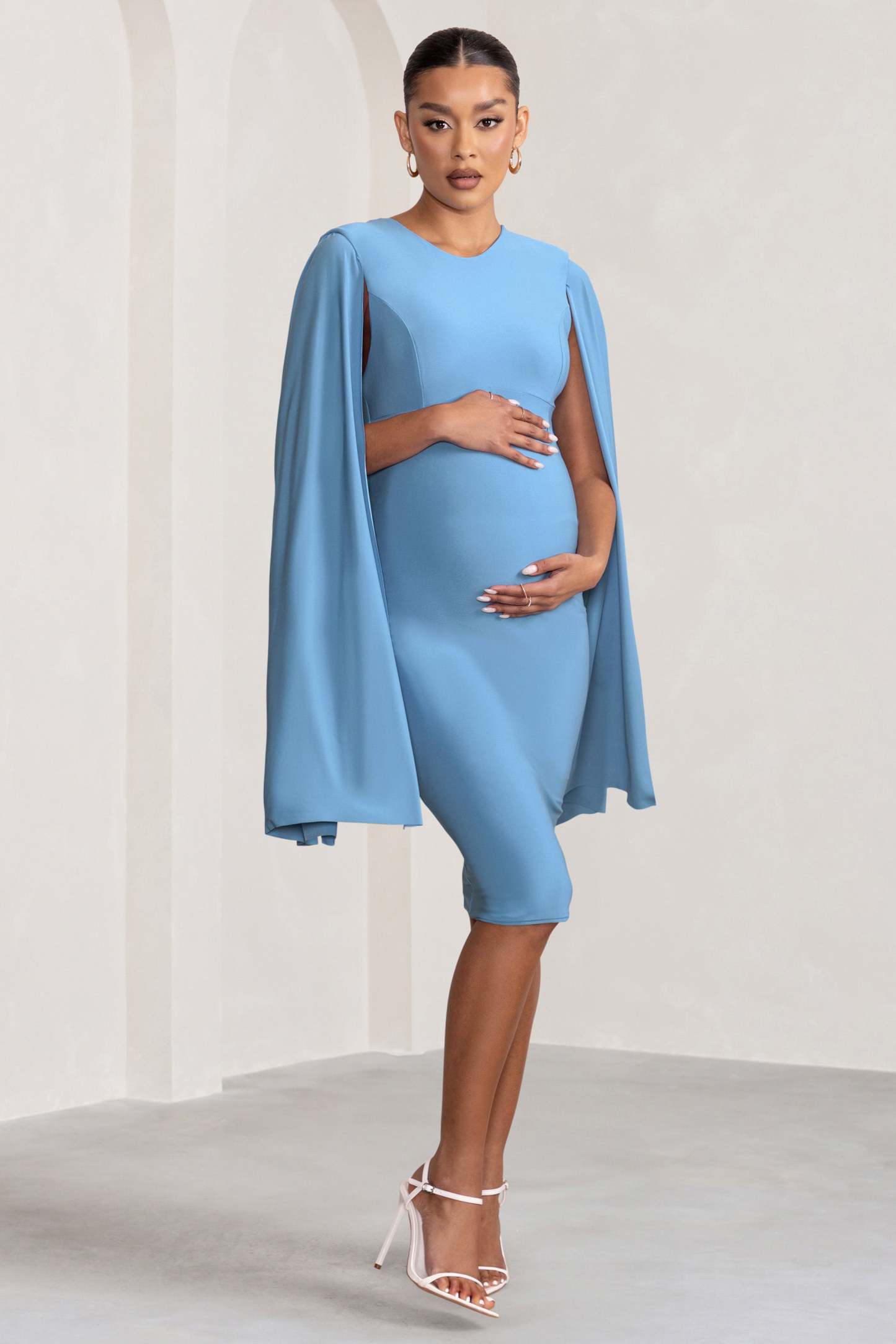 Hey Mama Powder Blue Maternity Cape Sleeve Midi Dress-Fashionmomo.All Rights Reserved