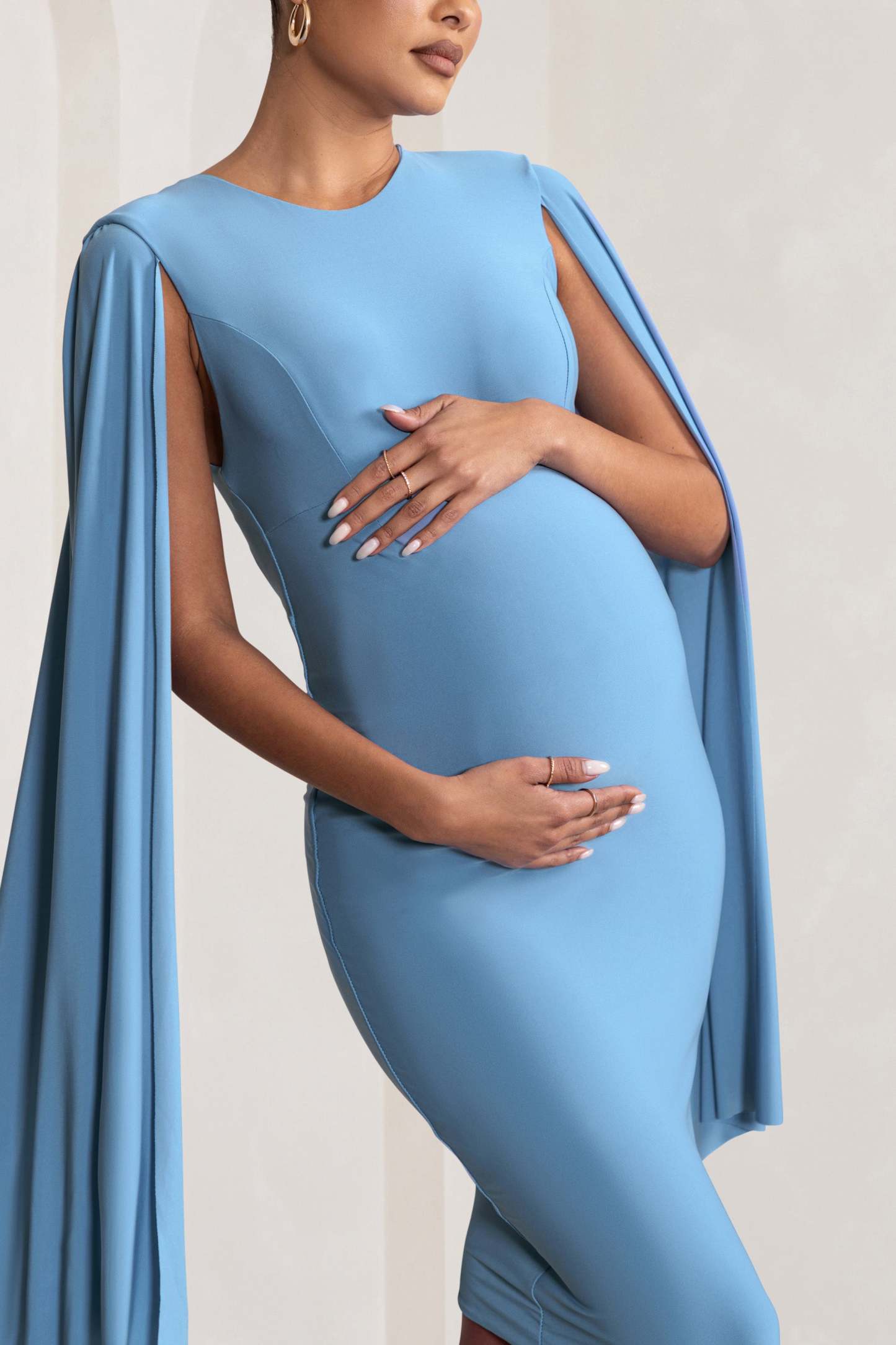 Hey Mama Powder Blue Maternity Cape Sleeve Midi Dress-Fashionmomo.All Rights Reserved