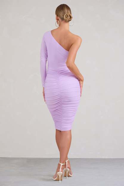 In The Shadows One Shoulder Midi Dress Lilac With Ruching-Fashionmomo.All Rights Reserved