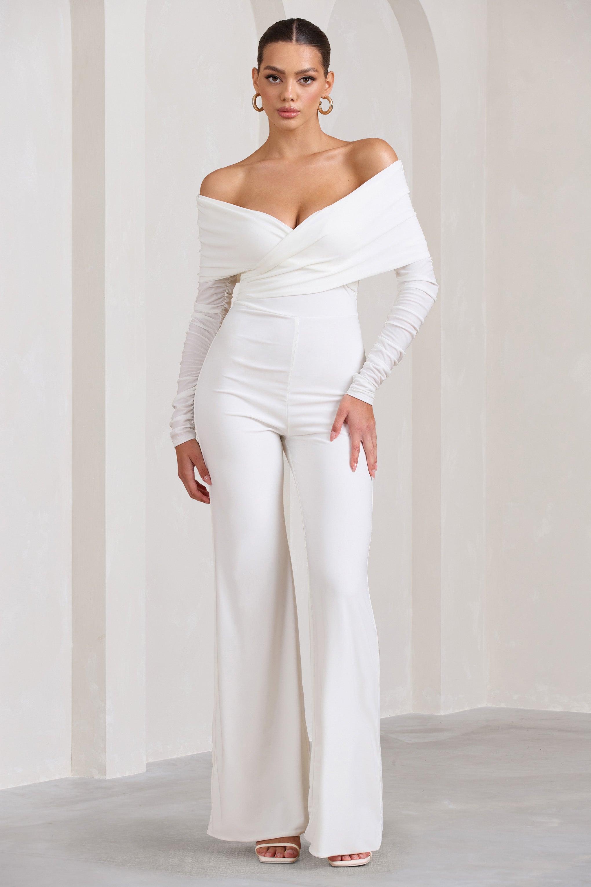 Hand On Heart White Twist Front Bardot Long Sleeve Jumpsuit-Fashionmomo.All Rights Reserved
