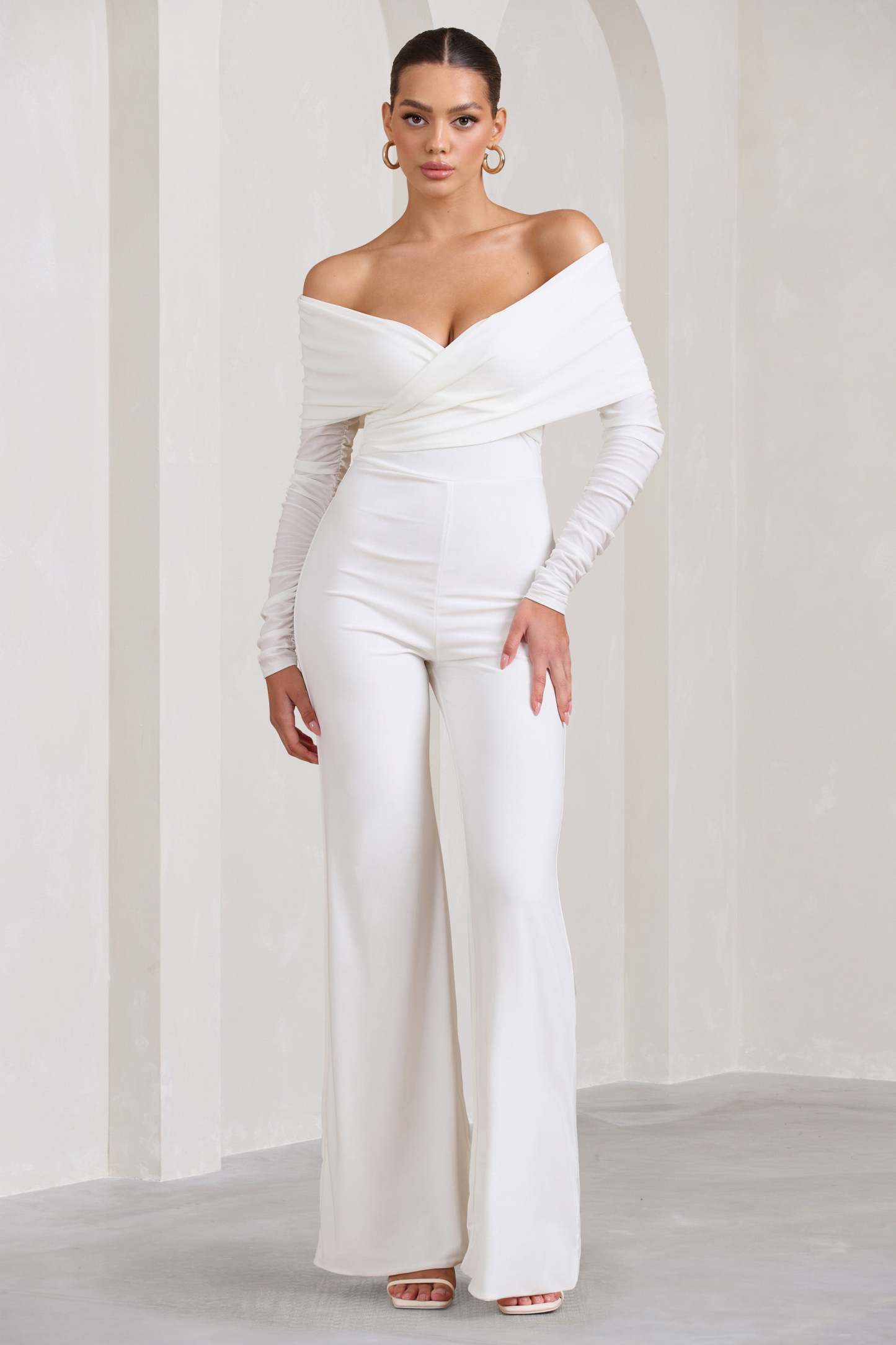 Hand On Heart White Twist Front Bardot Long Sleeve Jumpsuit-Fashionmomo.All Rights Reserved