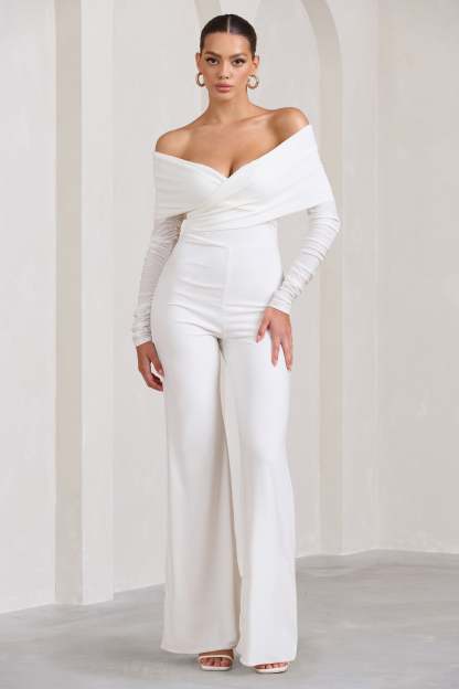 Hand On Heart White Twist Front Bardot Long Sleeve Jumpsuit-Fashionmomo.All Rights Reserved