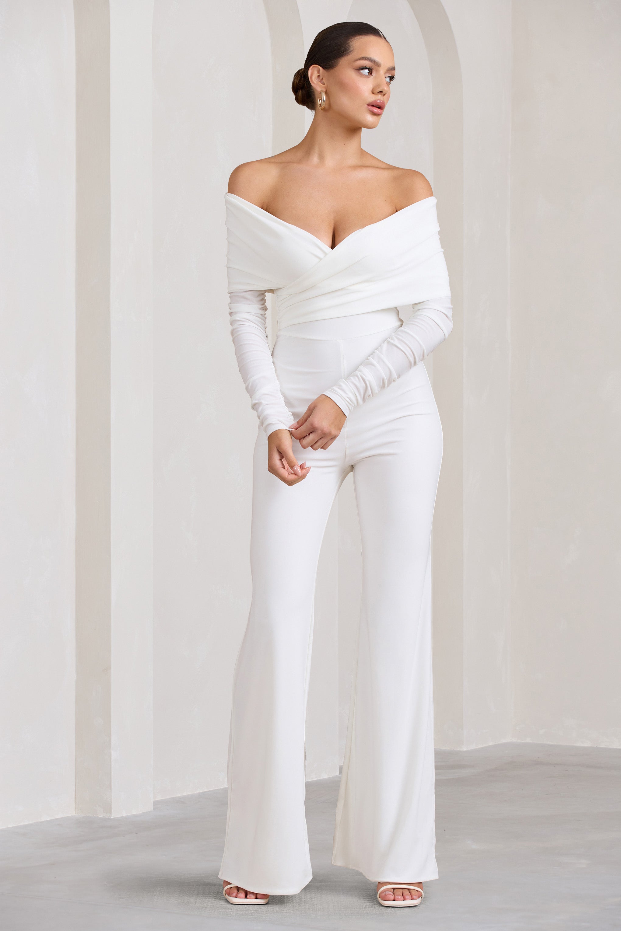 Hand On Heart White Twist Front Bardot Long Sleeve Jumpsuit-Fashionmomo.All Rights Reserved