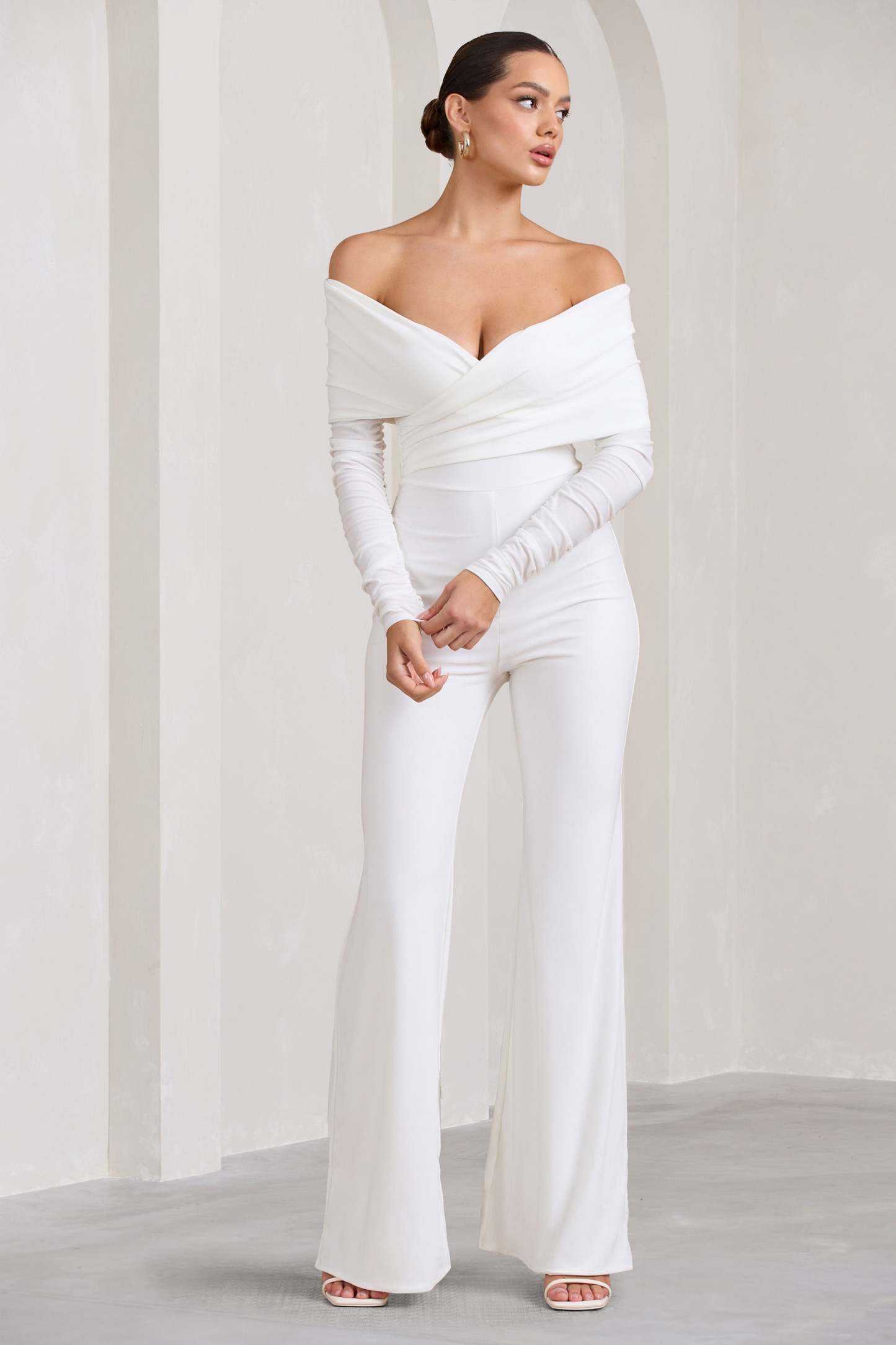 Hand On Heart White Twist Front Bardot Long Sleeve Jumpsuit-Fashionmomo.All Rights Reserved