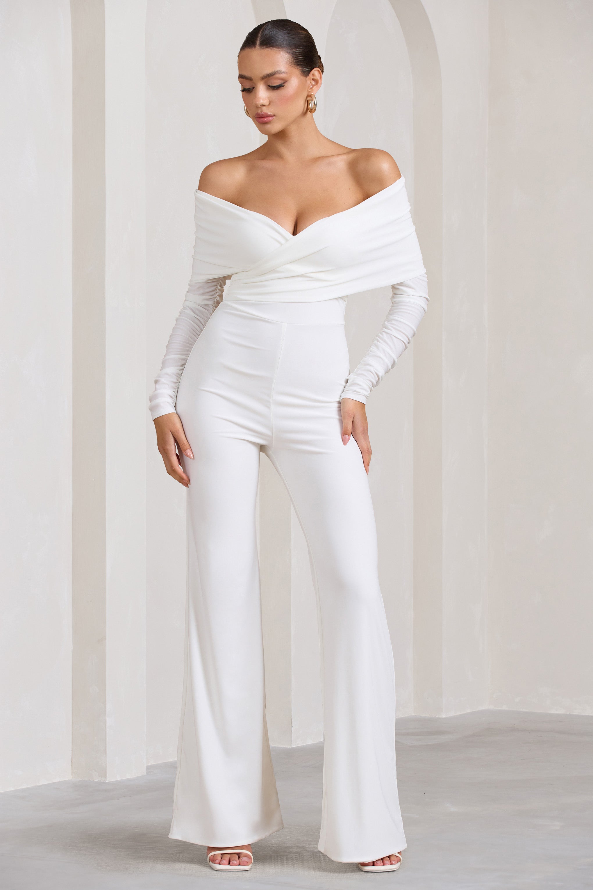 Hand On Heart White Twist Front Bardot Long Sleeve Jumpsuit-Fashionmomo.All Rights Reserved